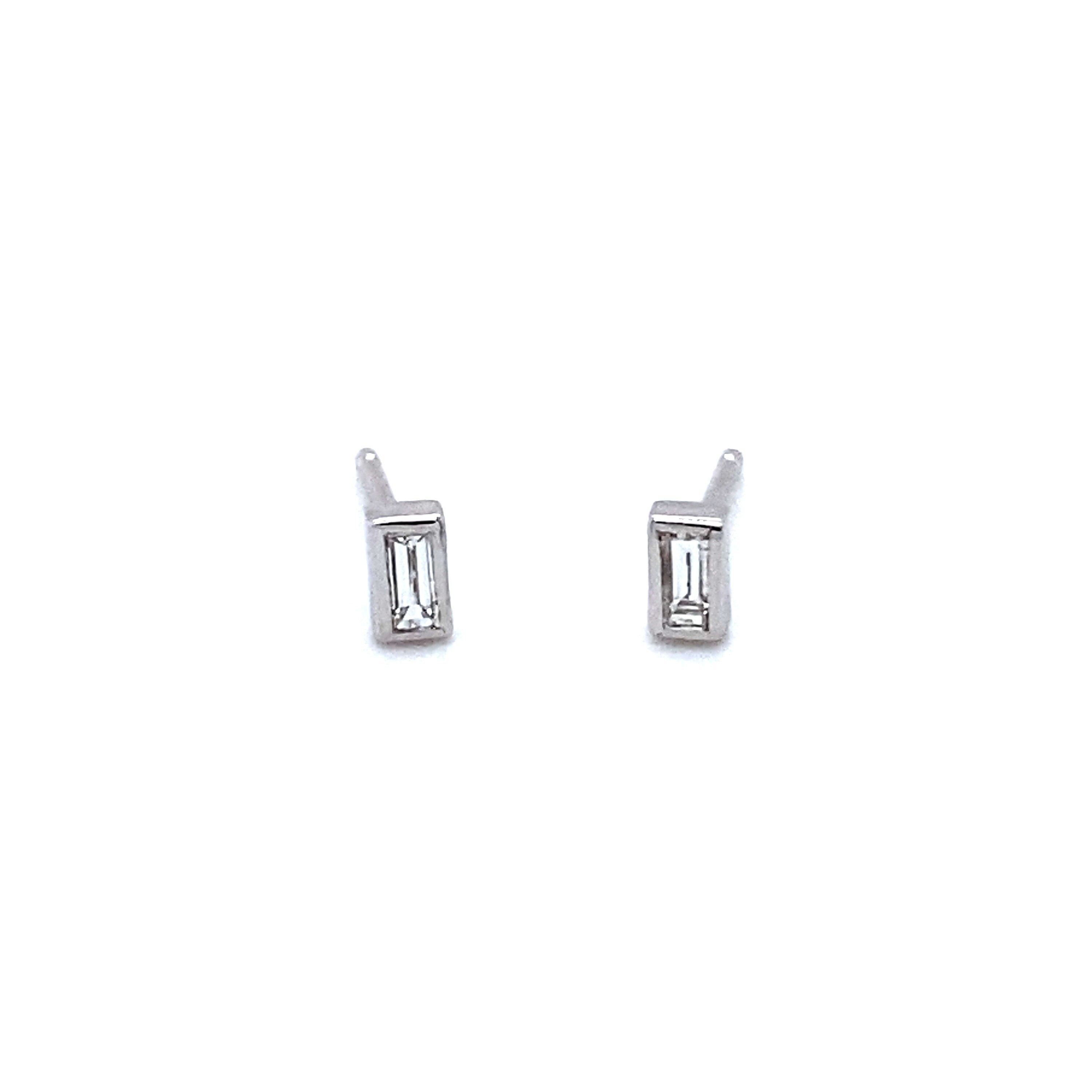Baguette Cut Diamond Stud Earrings in Solid 14K White Gold, Bezel Set, Small, Natural Diamond.