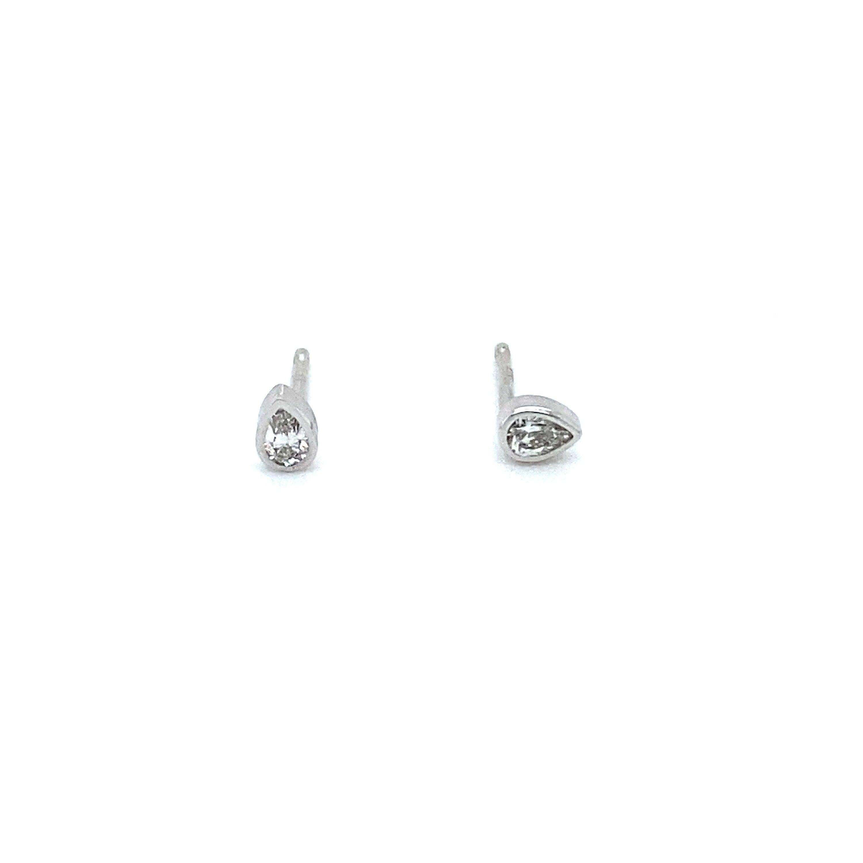 Pear Cut Diamond Stud Earrings in Solid 14K White Gold, Bezel Set, Small, Natural Diamond.