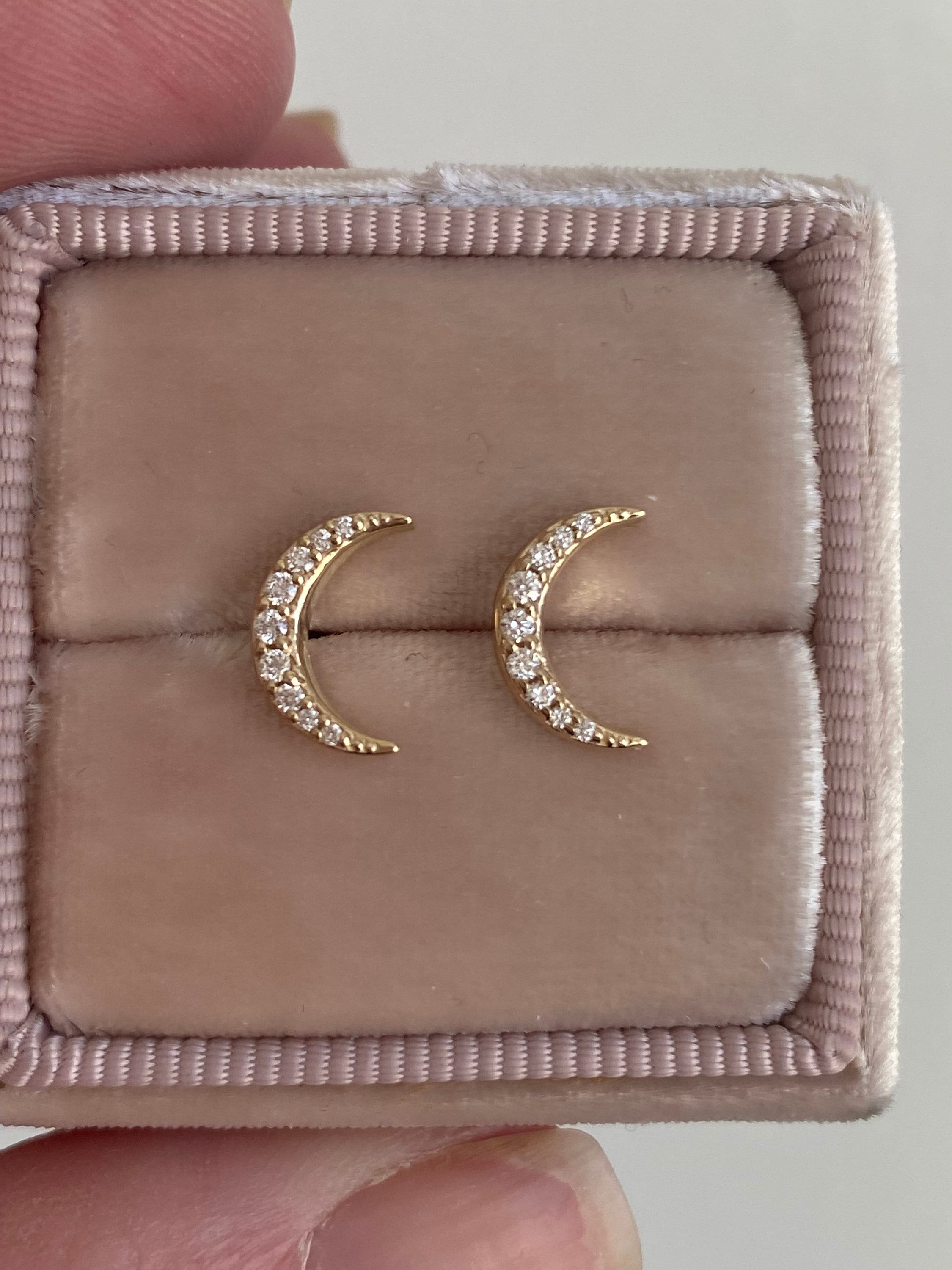 Crescent Moon Diamond Stud Earrings in Solid 14K Gold.