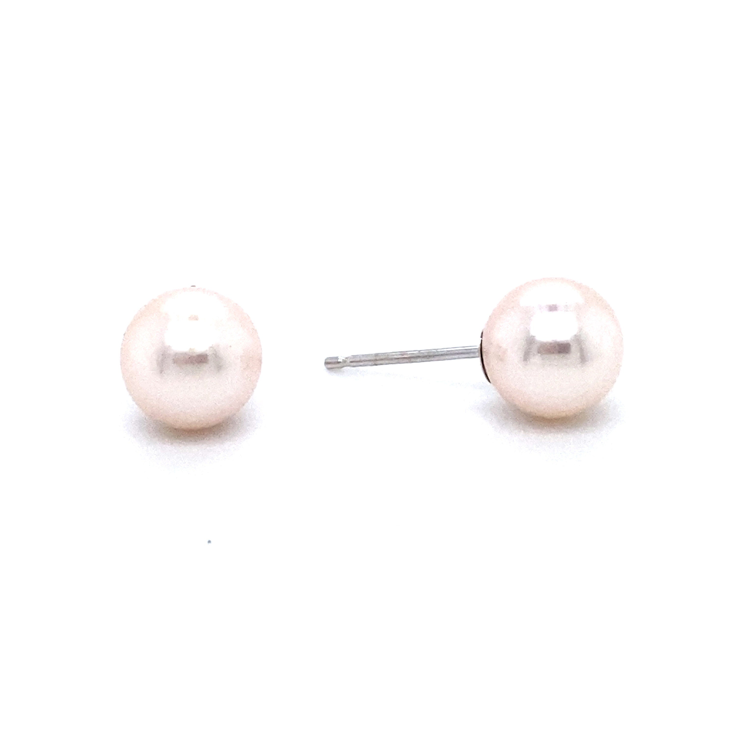 Classic Akoya Pearl Stud Earrings with Solid 14K White Gold Post and Back, 7mm.