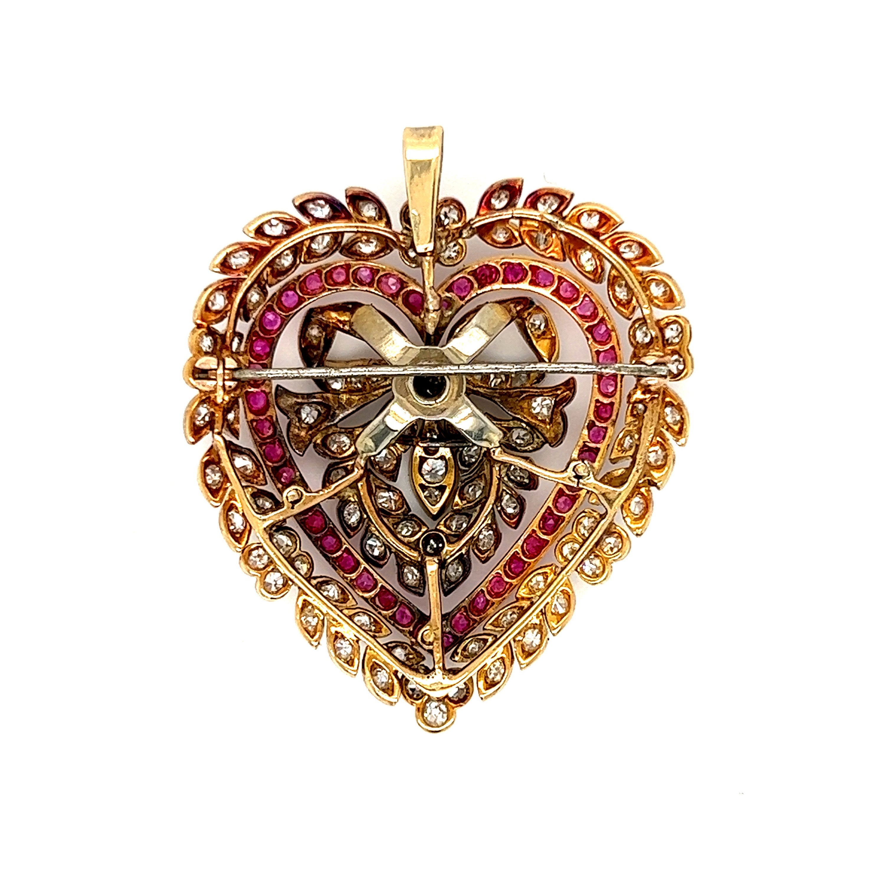Gorgeous Antique 18K Yellow Gold/ Platinum Diamond and Ruby Heart Pin/ Brooch/ Pendant.