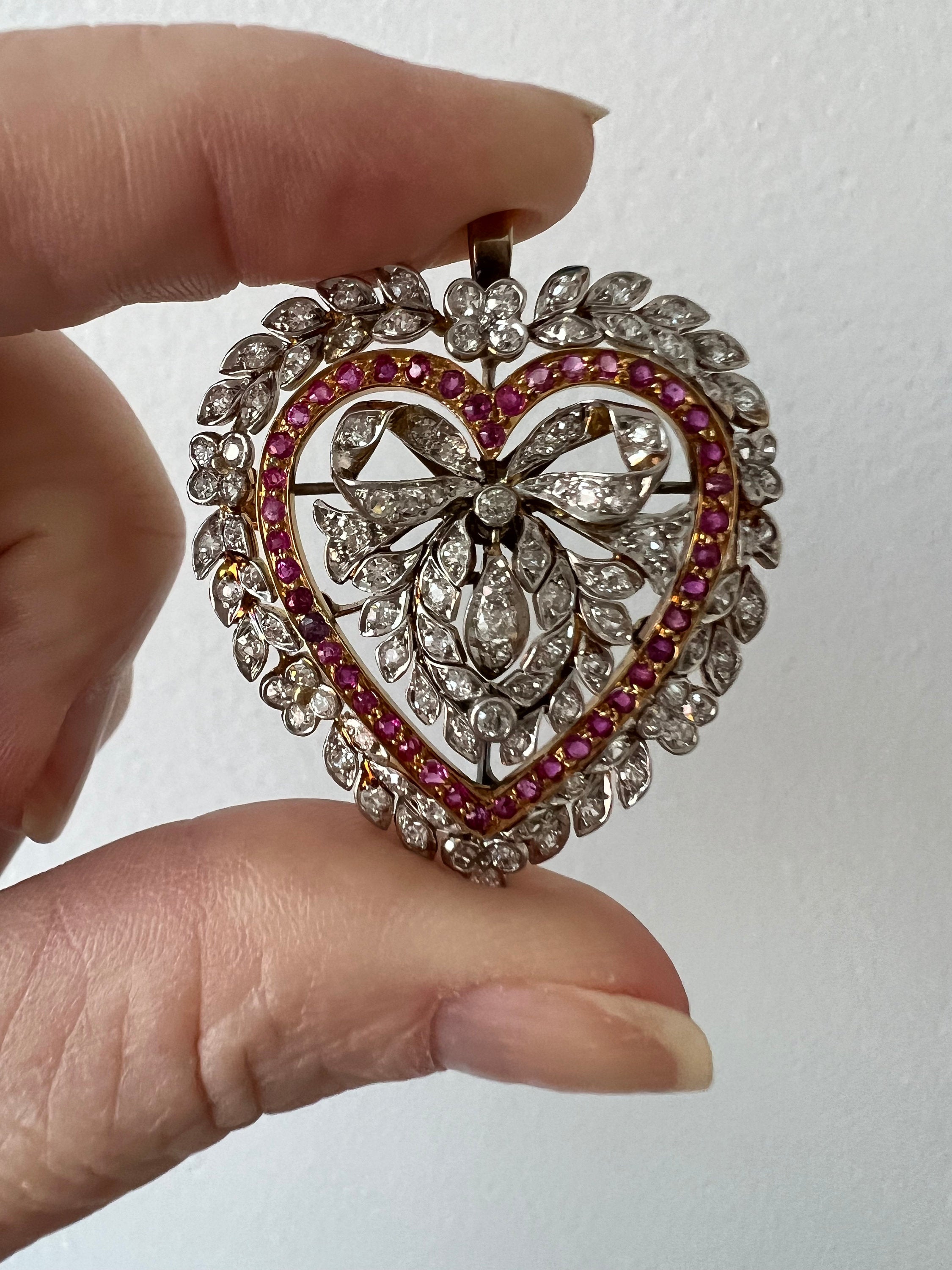 Gorgeous Antique 18K Yellow Gold/ Platinum Diamond and Ruby Heart Pin/ Brooch/ Pendant.