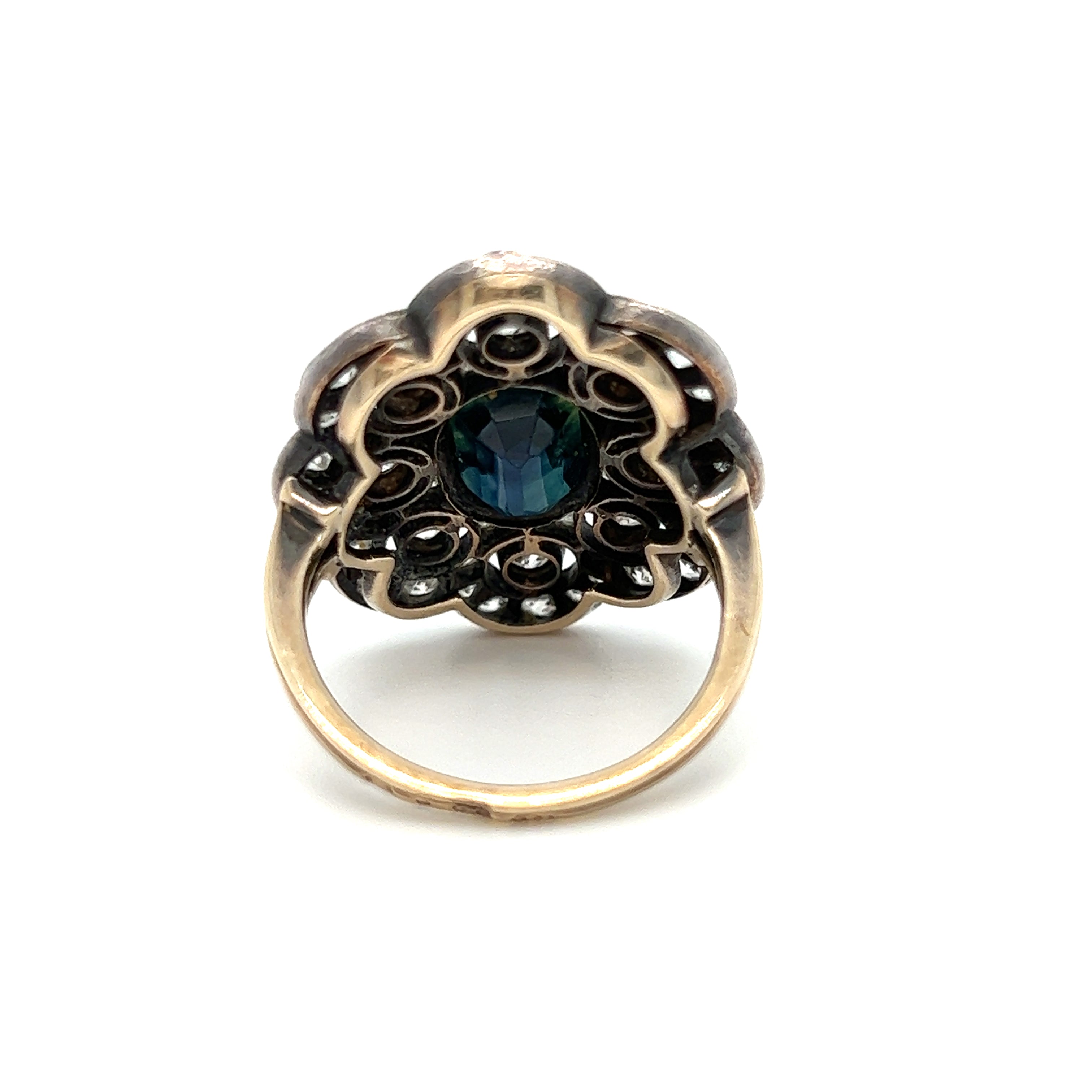 Gorgeous Antique Russian 14K Yellow Gold Diamond and Teal Sapphire Ring - 5.25ct