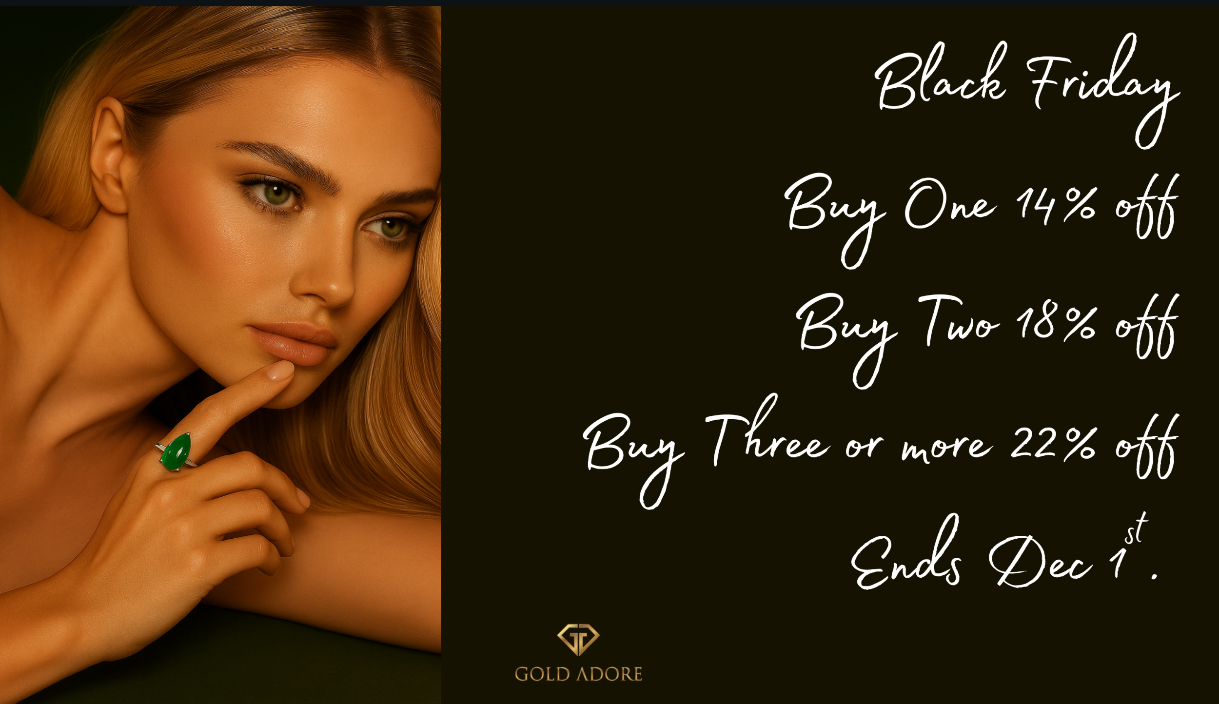 Advertisement for Gold Adore jewelry with a model wearing a green gemstone ring and promotional text on a black background.
