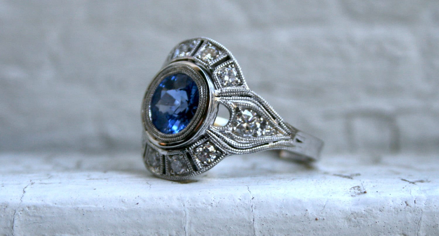 Vintage Inspired Diamond Halo Sapphire Engagement Ring Wedding Ring in 14K White Gold.