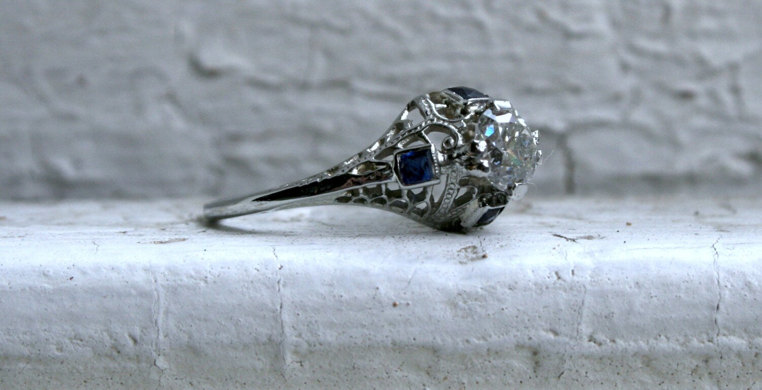 Amazing Vintage Filigree 18K White Gold Diamond and Sapphire Engagement Ring - 0.94ct.
