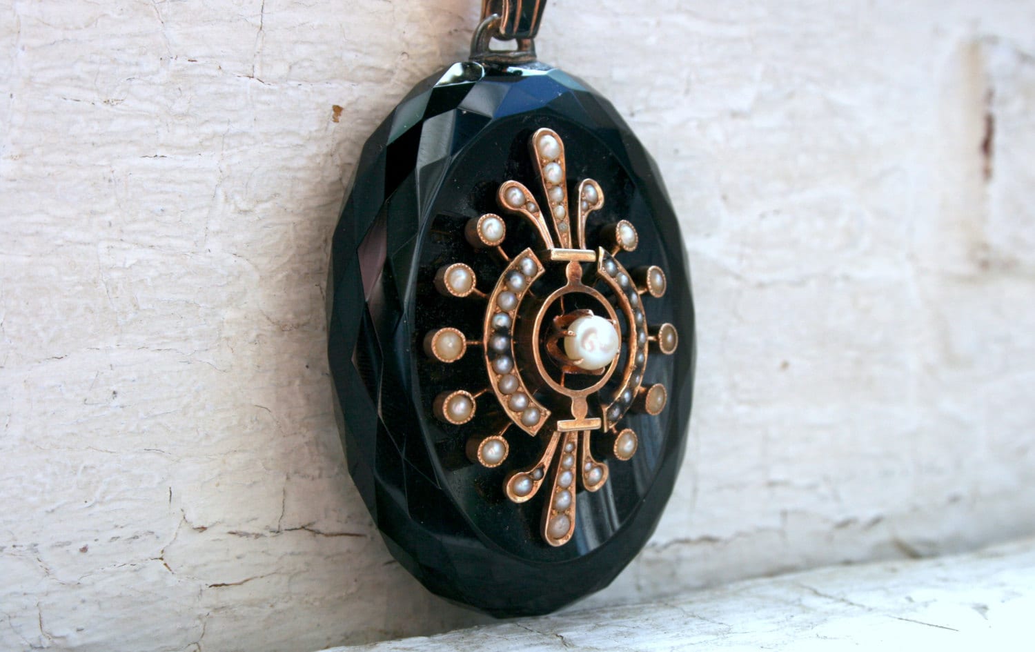 Antique Victorian 14K Yellow Gold Pendant Locket with Onyx, Pearls, and Enamel.