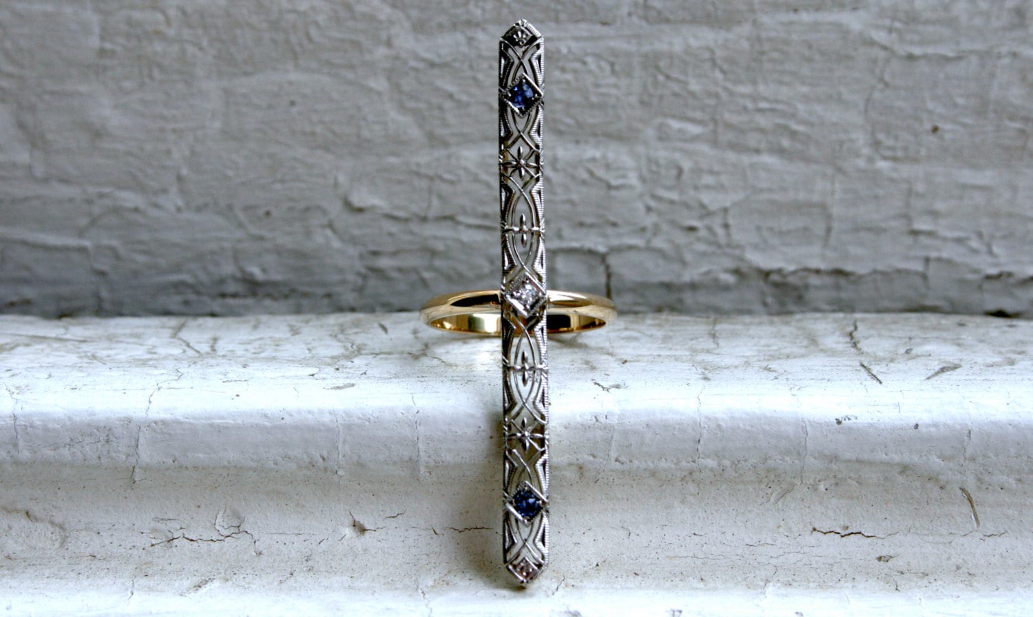 Beautiful Vintage 14K White/ Yellow Gold Diamond and Sapphire Conversion Band Ring - 0.50ct.