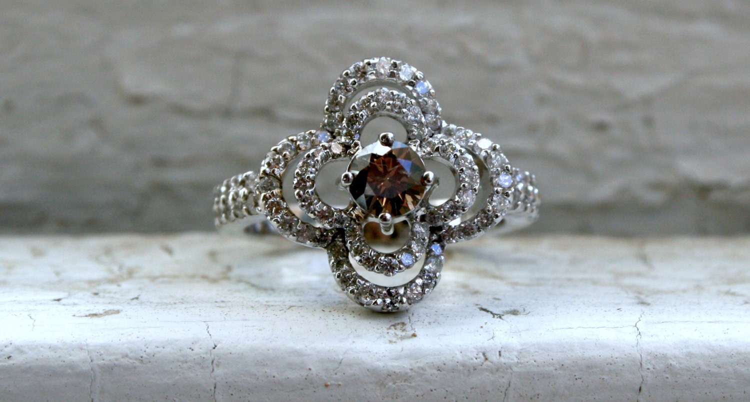 Vintage Floral Diamond and Cognac Diamond Ring Halo Engagement Ring in 14K White Gold - 1.76ct.