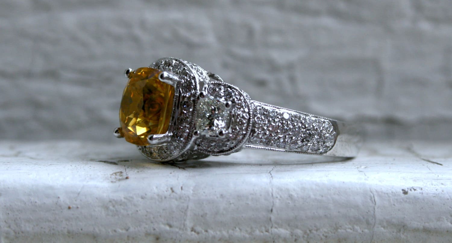 Stunning Estate 14K White Gold Diamond and Yellow Zircon Halo Ring - 4.52ct.
