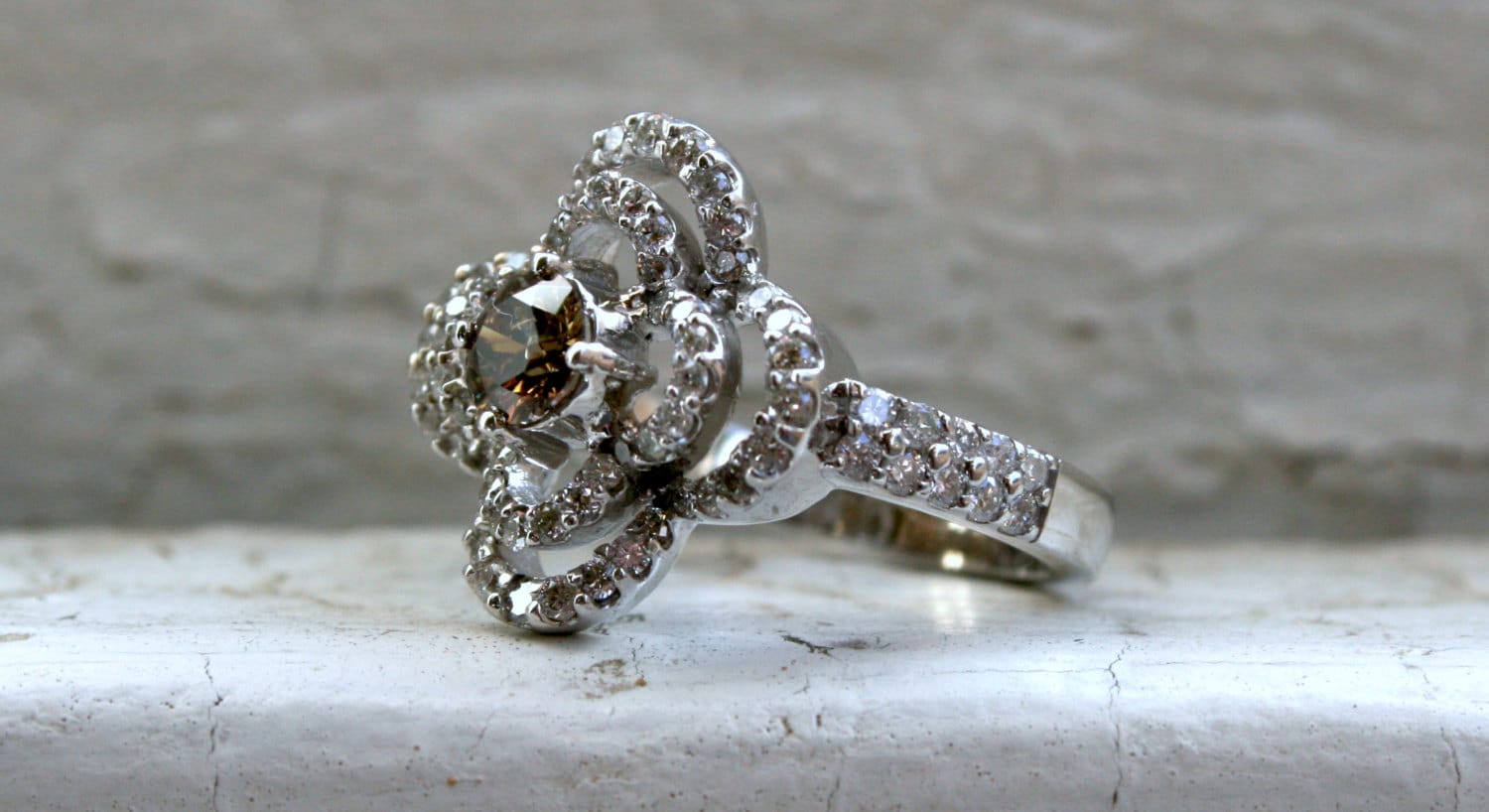 Vintage Floral Diamond and Cognac Diamond Ring Halo Engagement Ring in 14K White Gold - 1.76ct.