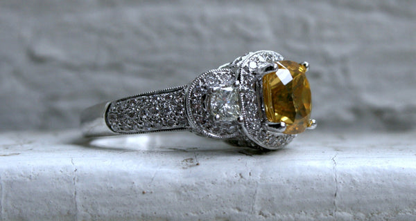 Estate 14K White Gold Yellow Zircon Diamond Halo Ring