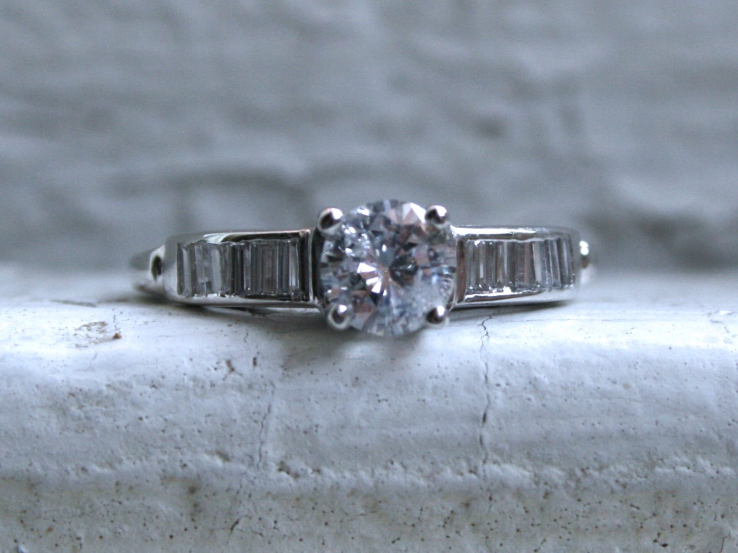 Gorgeous Vintage 14K White Gold Diamond Engagement Ring with Baguettes - 0.89ct.