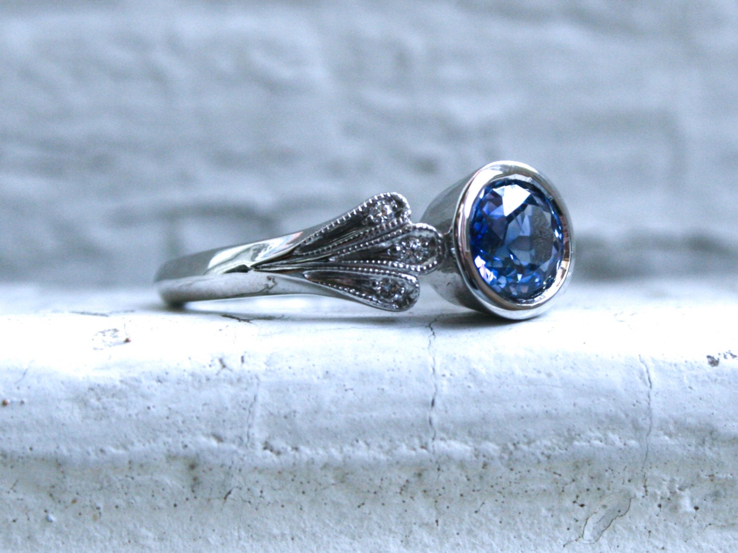 Vintage Inspired No Heat Ceylon Sapphire Engagement Ring, 14K White Gold Floral Diamond Ring