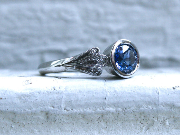 Vintage Inspired No Heat Ceylon Sapphire Engagement Ring, 14K White Gold Floral Diamond Ring