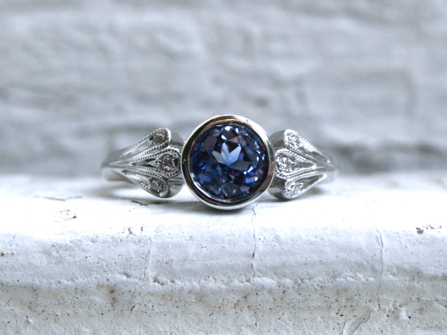 Vintage Inspired No Heat Ceylon Sapphire Engagement Ring, 14K White Gold Floral Diamond Ring