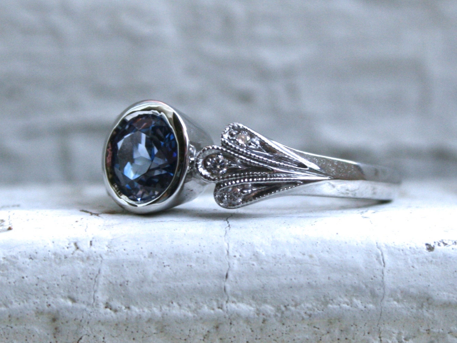 Vintage Inspired No Heat Ceylon Sapphire Engagement Ring, 14K White Gold Floral Diamond Ring
