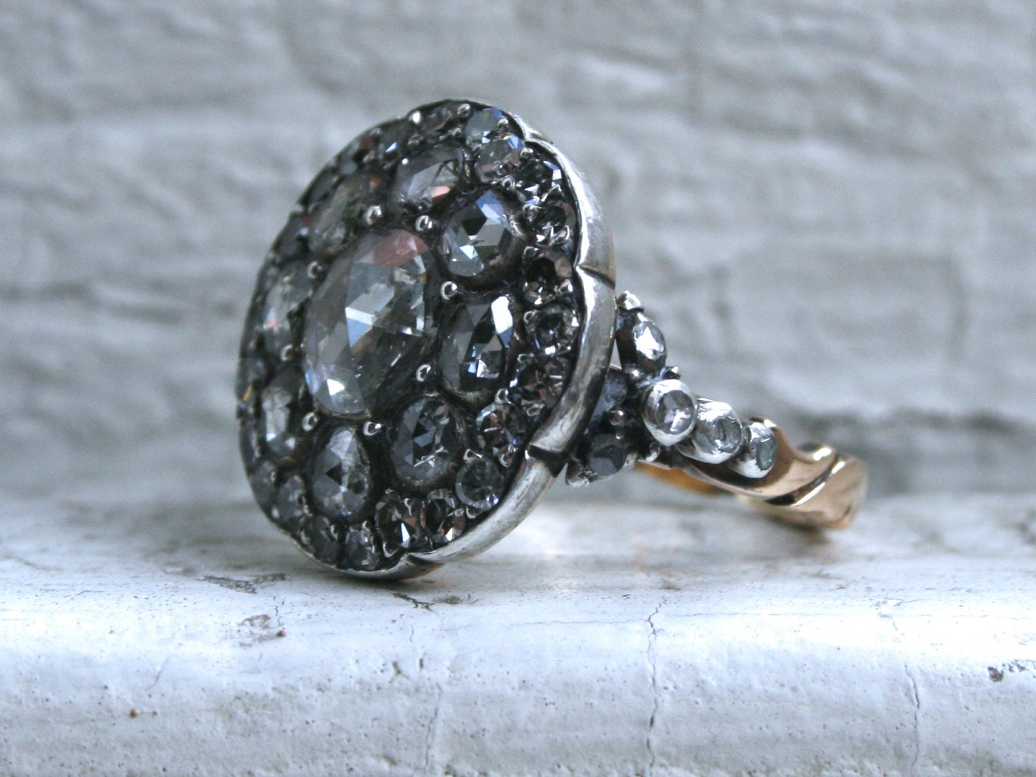 Gorgeous Georgian Antique 14K Yellow Gold/ Silver Diamond Rose Cut Ring Engagement Ring - 2.65ct.