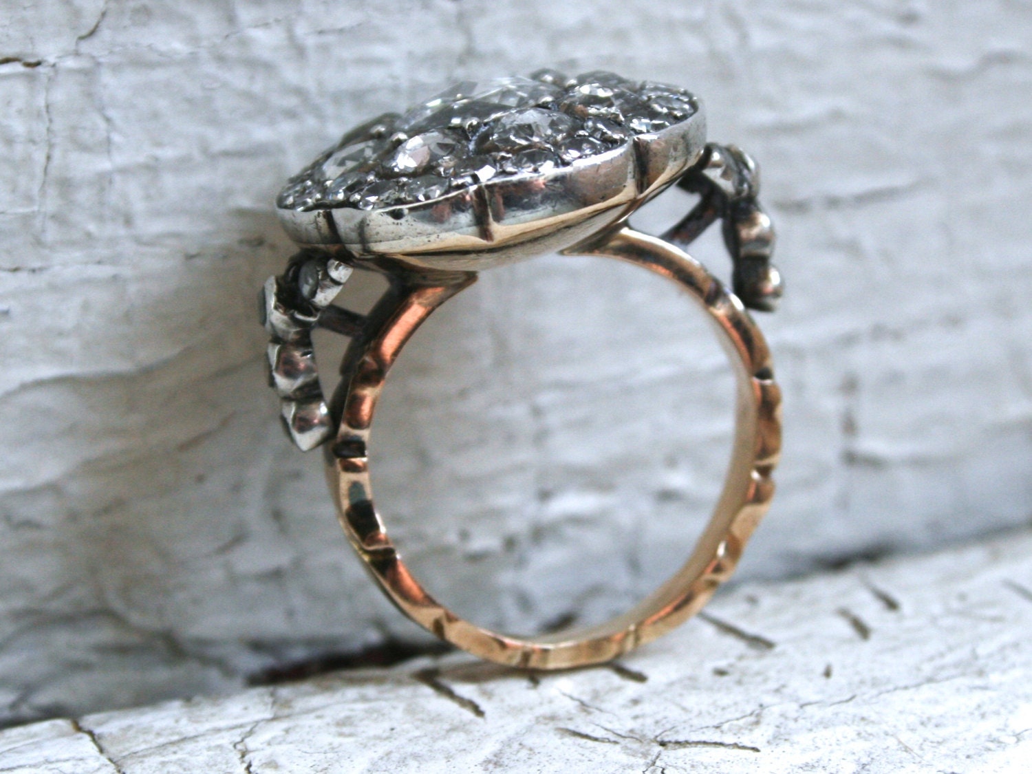 Gorgeous Georgian Antique 14K Yellow Gold/ Silver Diamond Rose Cut Ring Engagement Ring - 2.65ct.