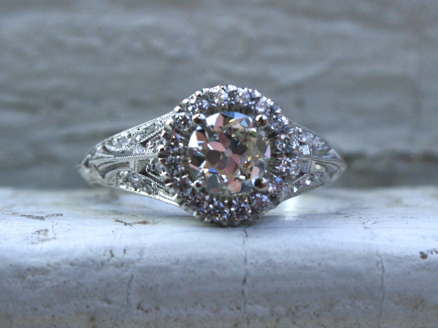 Vintage Inspired Diamond Halo Filigree Engagement Ring Wedding Ring in 14K White Gold.