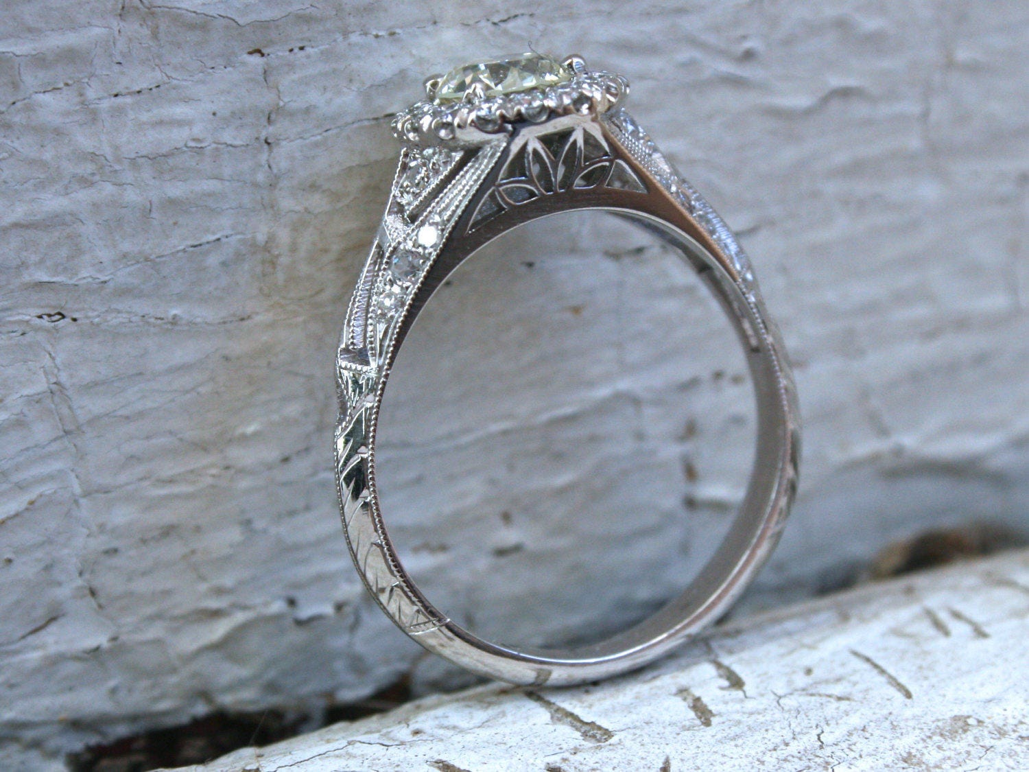 Vintage Inspired Diamond Halo Filigree Engagement Ring Wedding Ring in 14K White Gold.