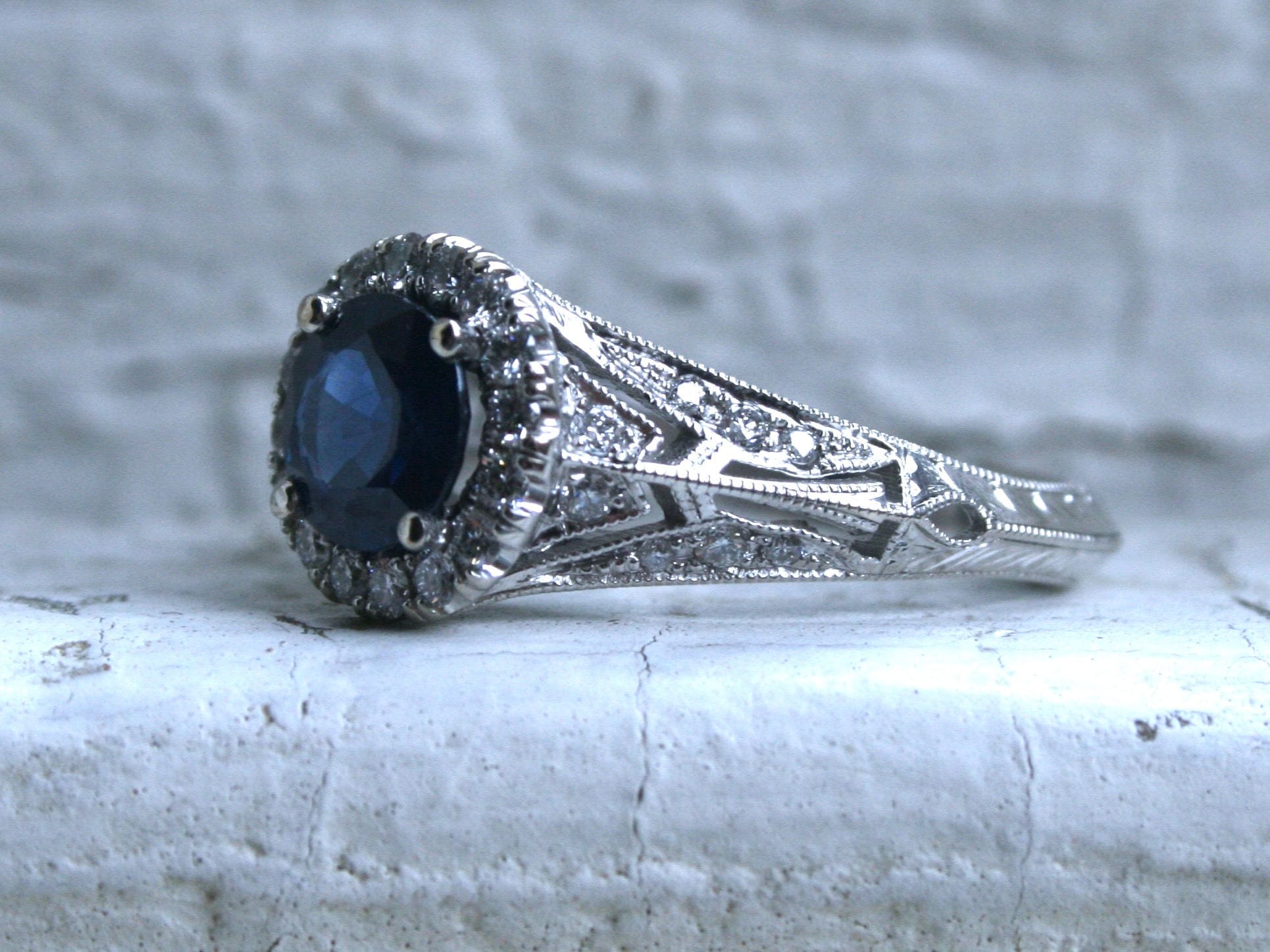 Vintage Inspired Halo Diamond and Natural Sapphire Ring Engagement Ring.