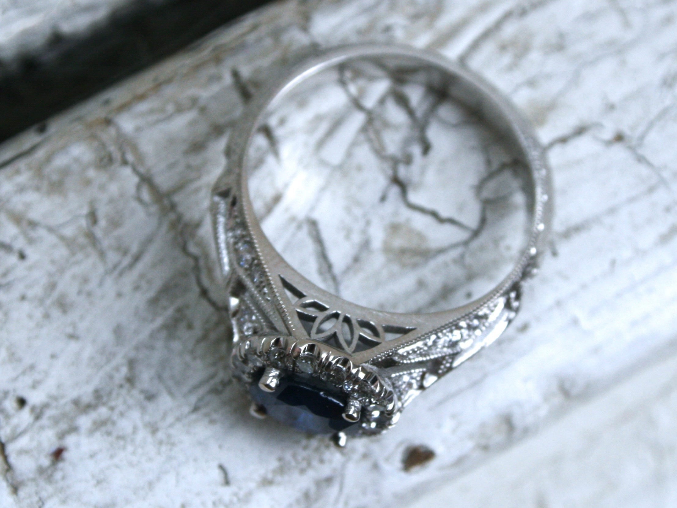 Vintage Inspired Halo Diamond and Natural Sapphire Ring Engagement Ring.