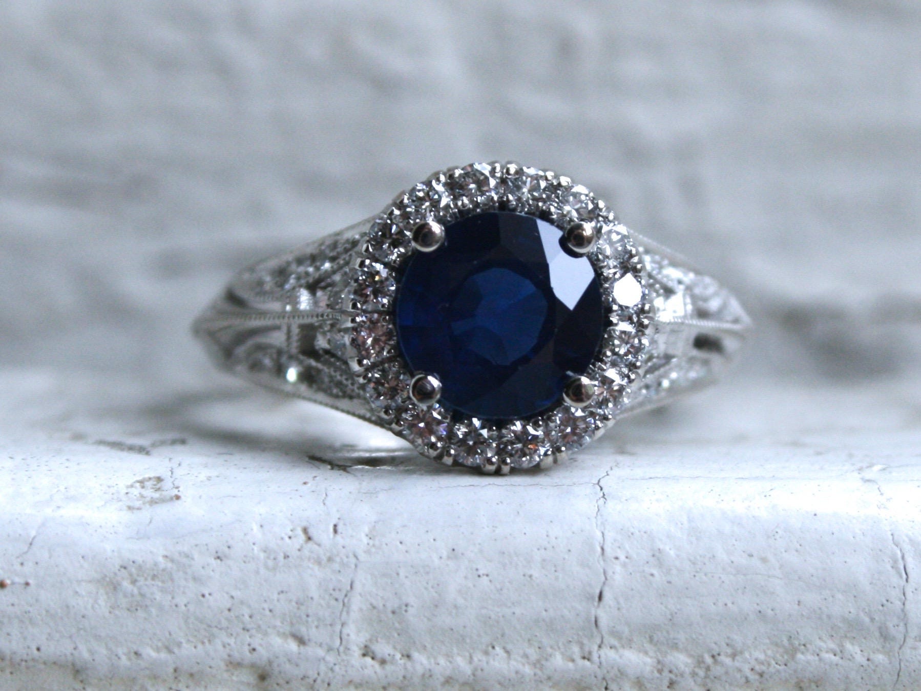Vintage Inspired Halo Diamond and Natural Sapphire Ring Engagement Ring.
