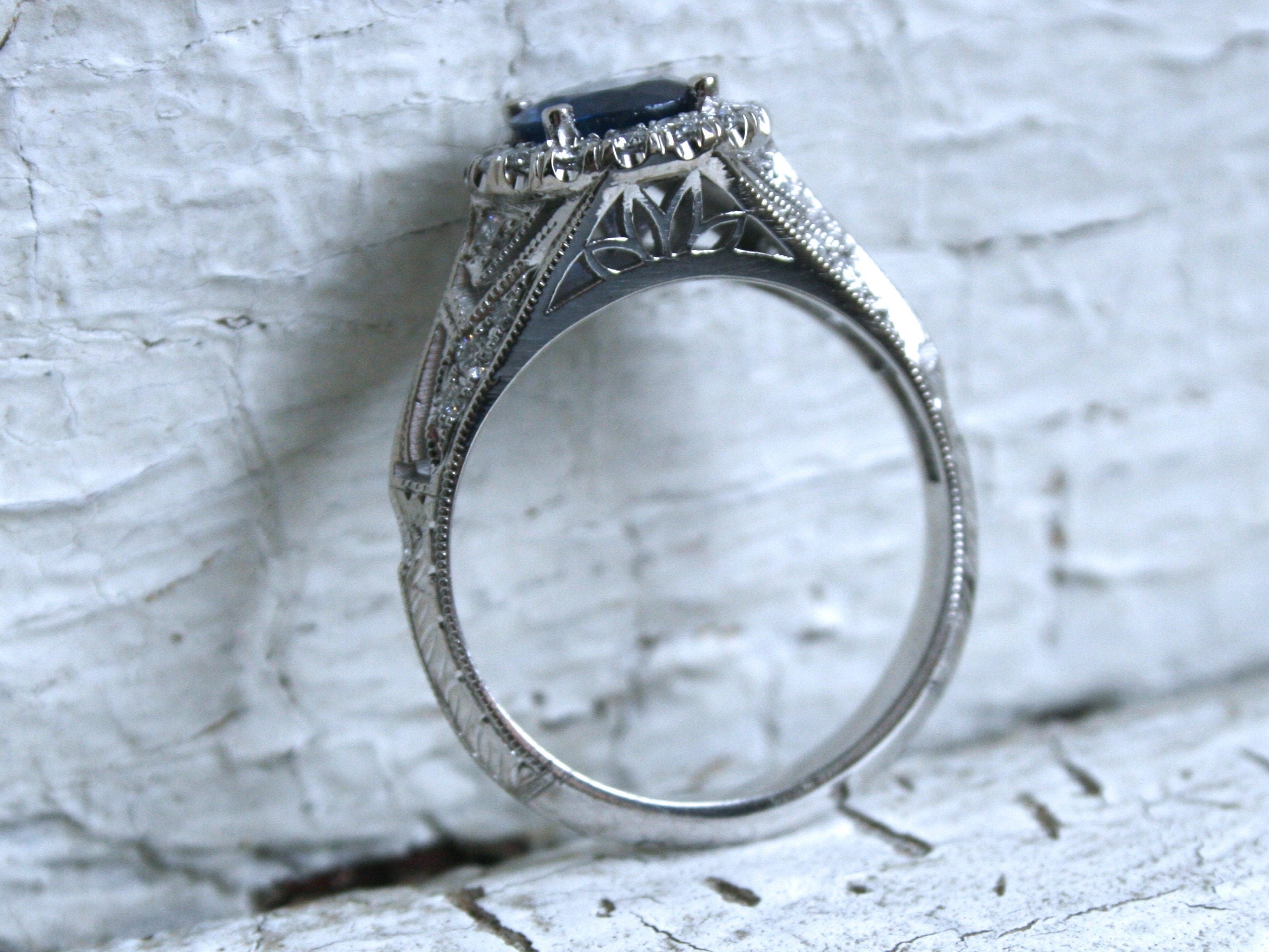 Vintage Inspired Halo Diamond and Natural Sapphire Ring Engagement Ring.