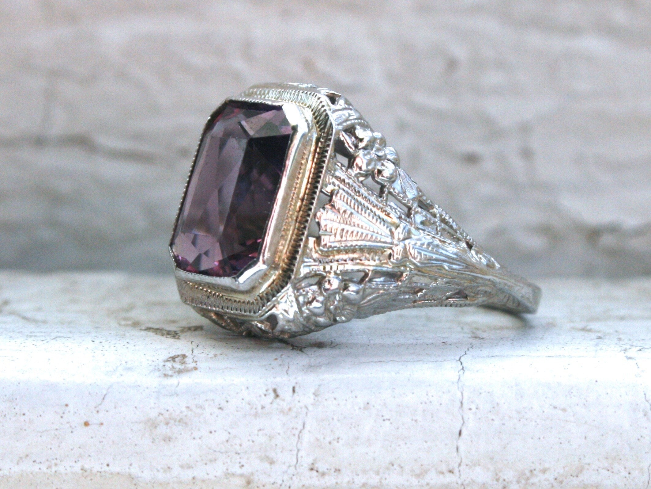 Vintage 14K White Gold Amethyst Engagement Ring - 3.15ct.
