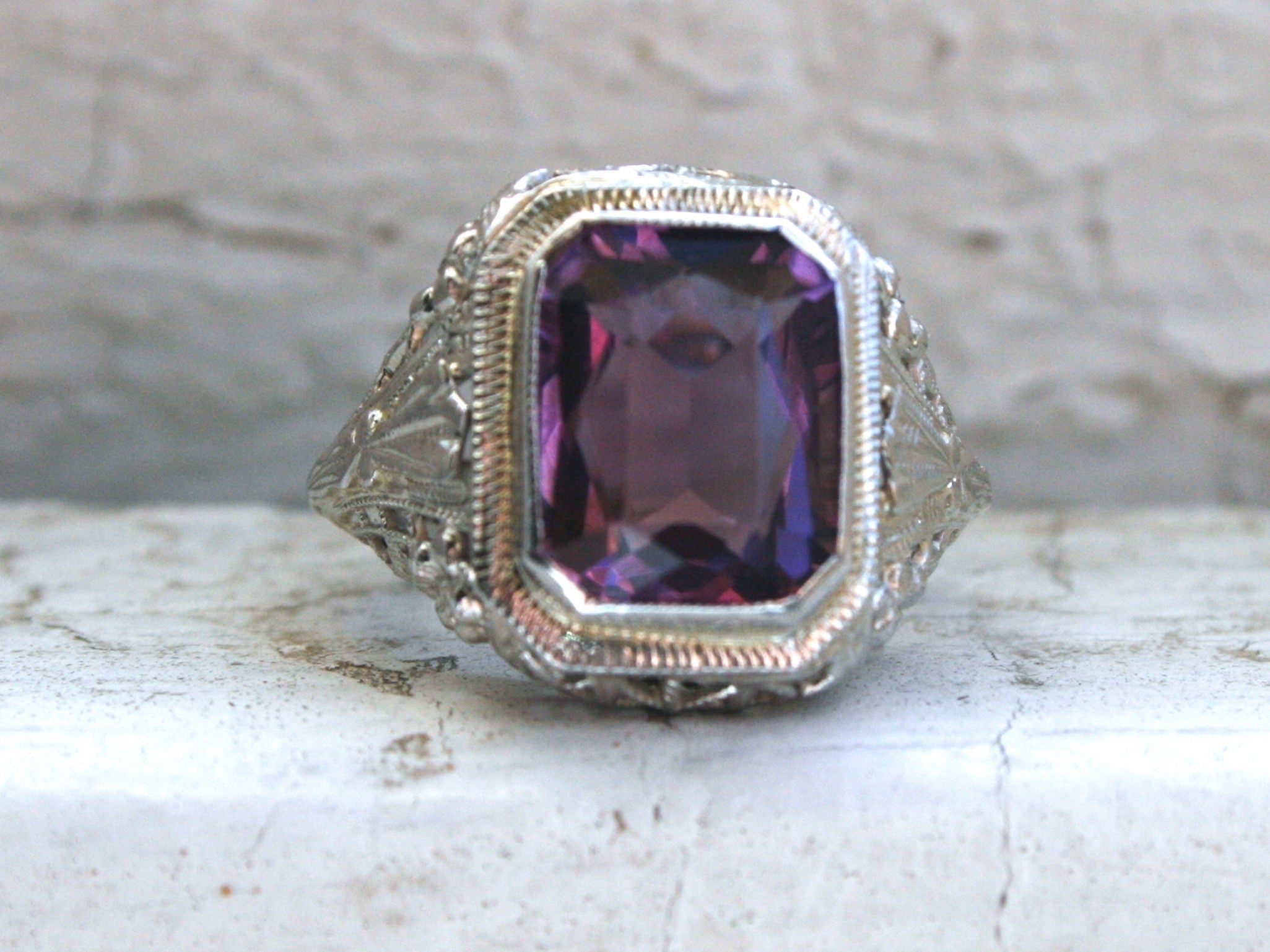Vintage 14K White Gold Amethyst Engagement Ring - 3.15ct.