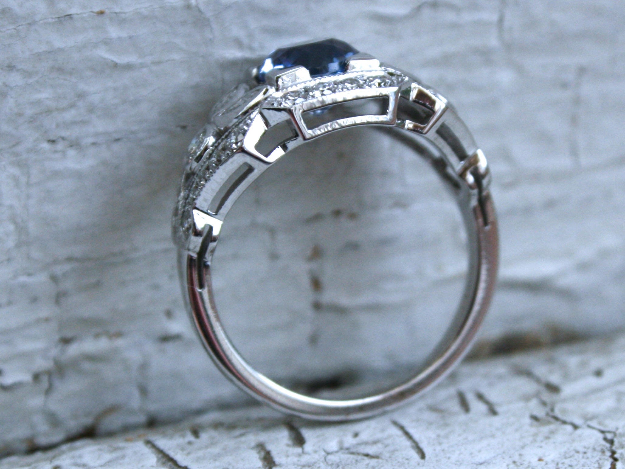 Sapphire Floral Diamond Ring Engagement Ring Wedding Ring in 14K White Gold.