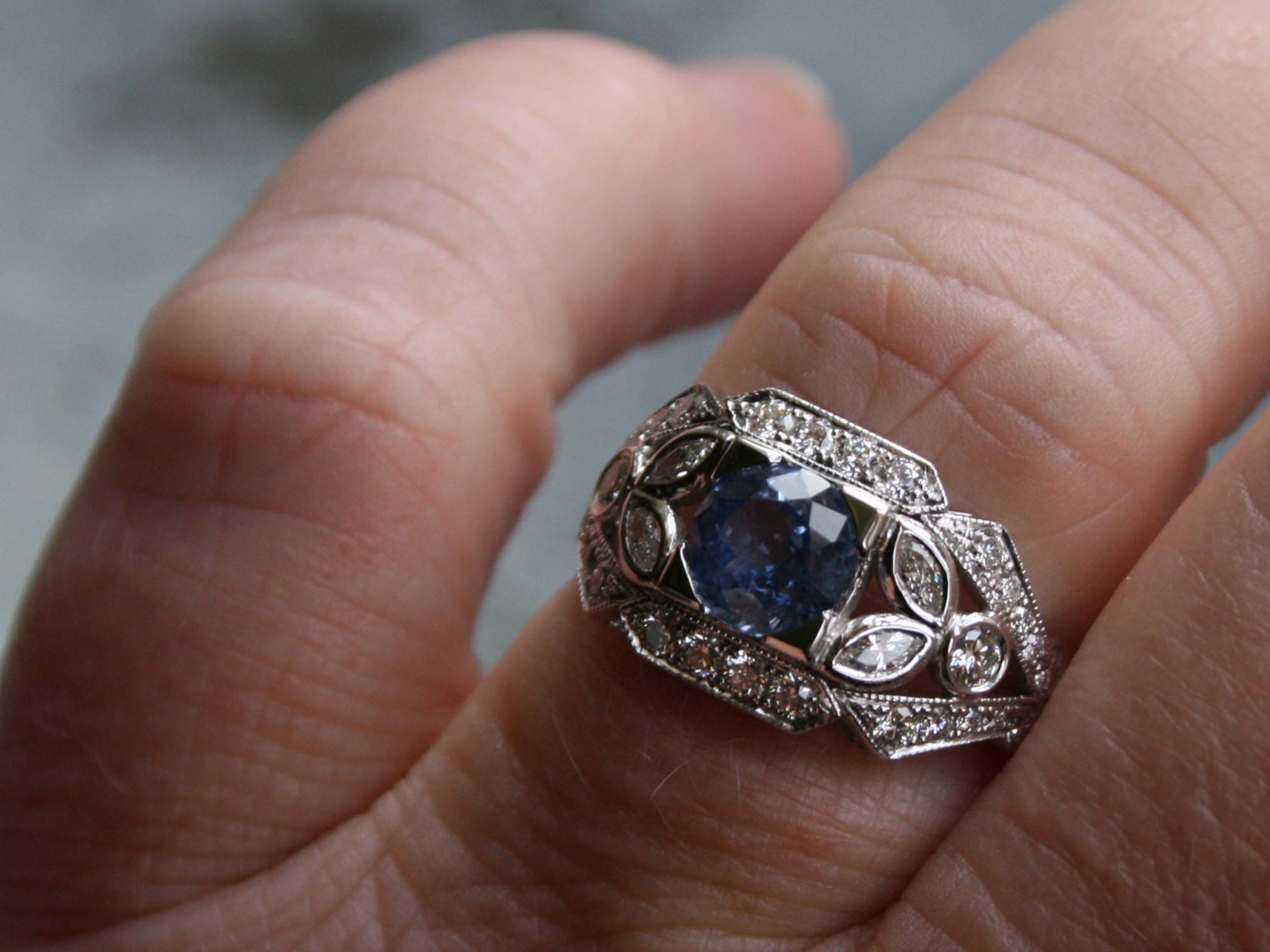 Sapphire Floral Diamond Ring Engagement Ring Wedding Ring in 14K White Gold.