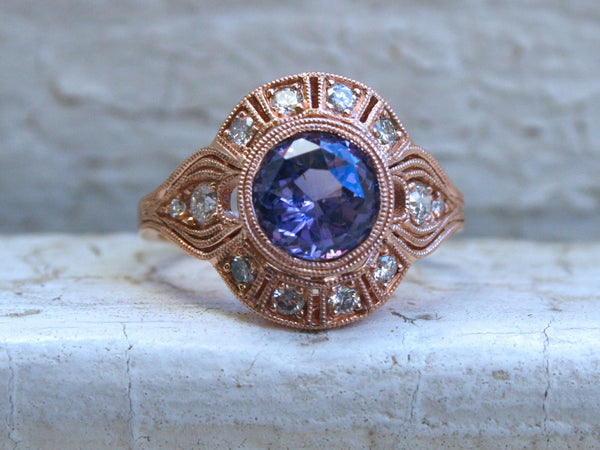 Vintage Inspired Diamond Halo Lavender Sapphire Engagement Ring Wedding Ring in 14K Rose Gold.