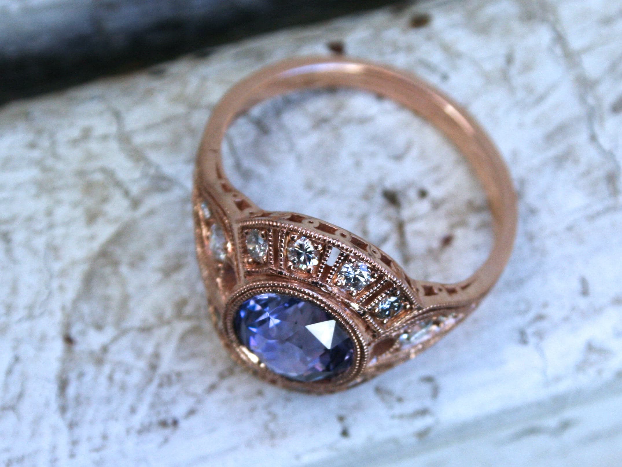 Vintage Inspired Diamond Halo Lavender Sapphire Engagement Ring Wedding Ring in 14K Rose Gold.