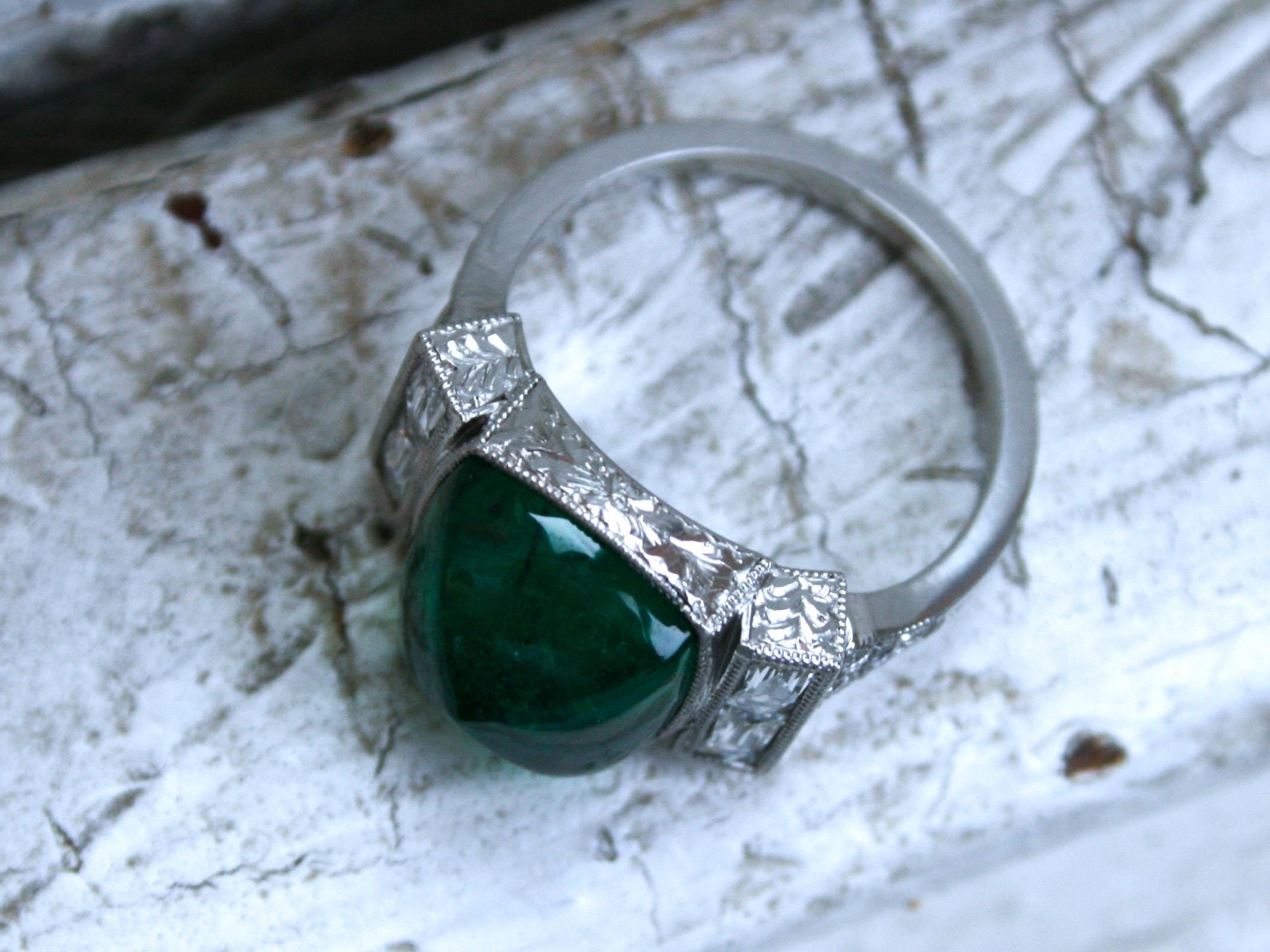 Platinum Art Deco Style Sugarloaf Emerald and Diamond Ring Engagement Ring Wedding Ring.