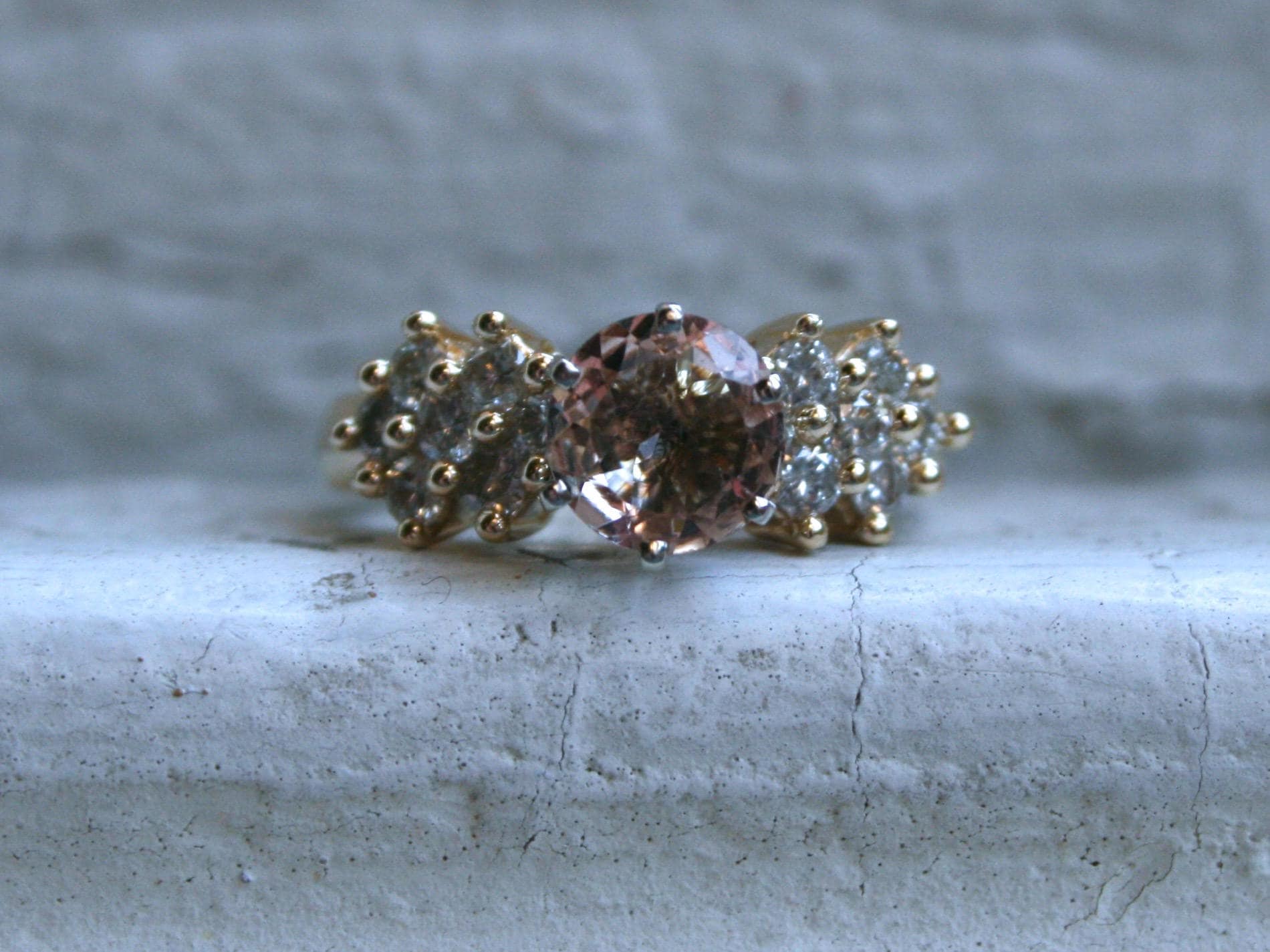 Gorgeous Vintage 14K Yellow Gold Morganite and Diamond Cluster Ring - 1.70ct.