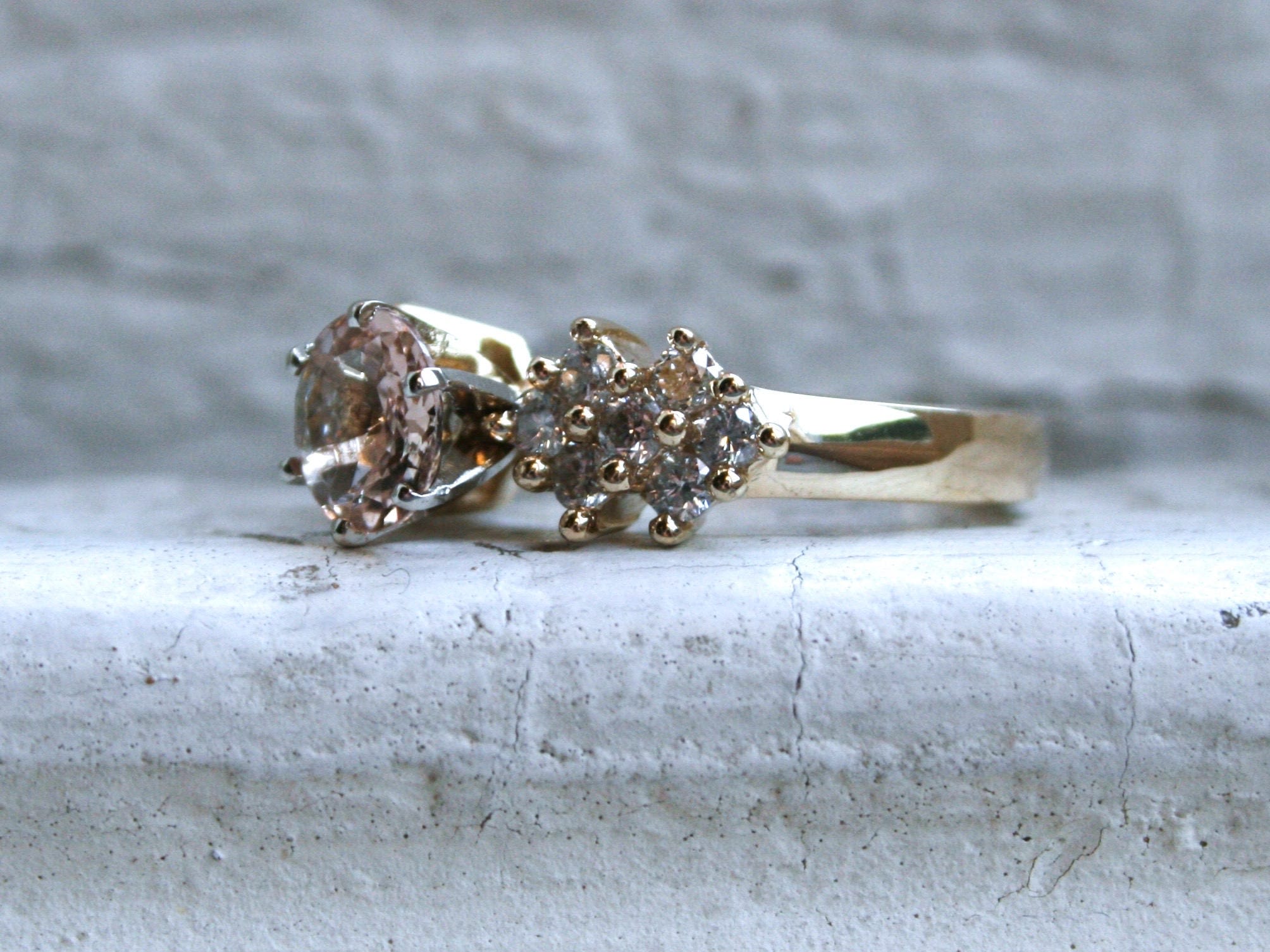 Gorgeous Vintage 14K Yellow Gold Morganite and Diamond Cluster Ring - 1.70ct.
