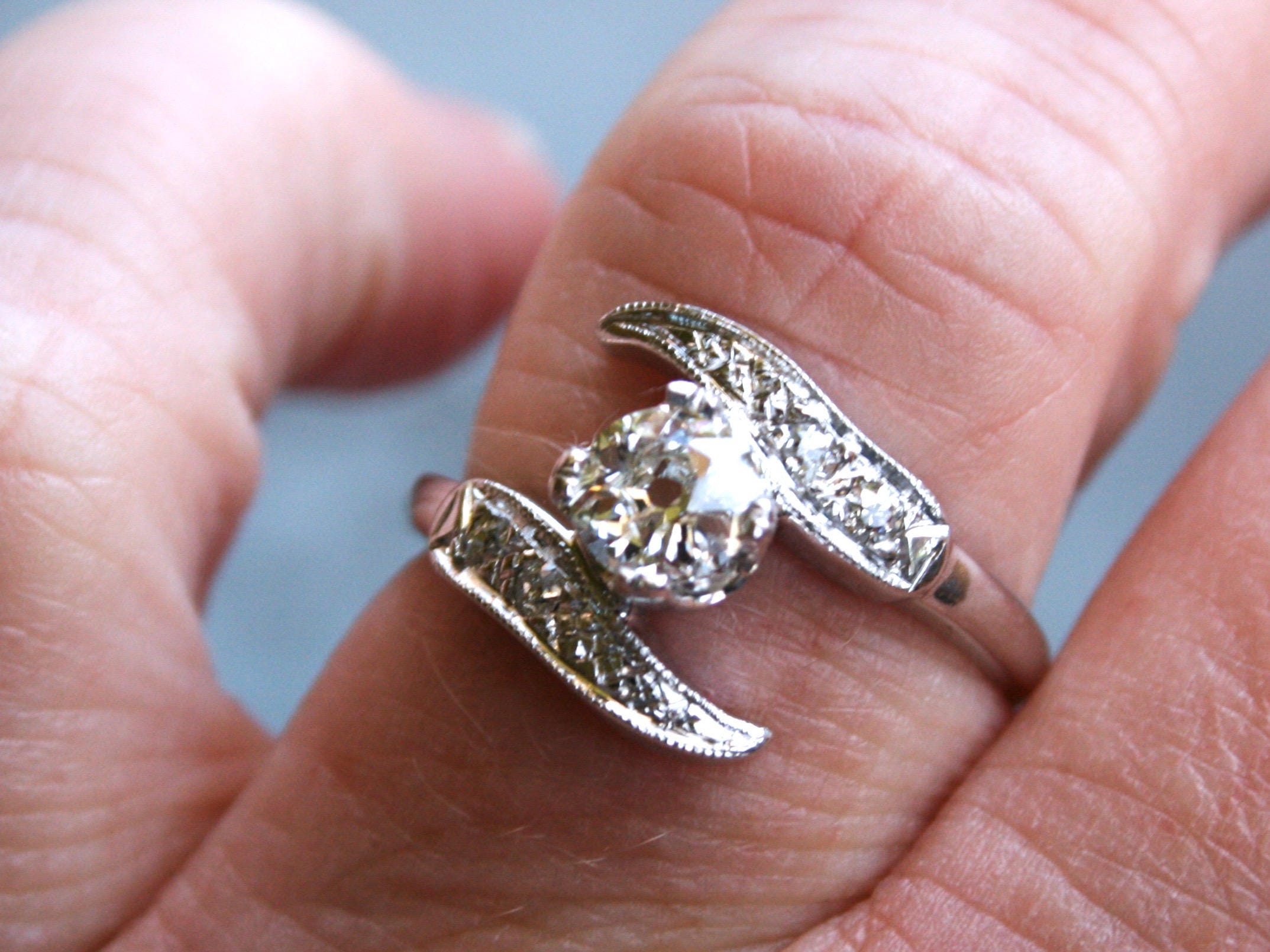 Vintage 14K White Gold Diamond By Pass Old Mine Cut Engagement Ring - 0.58ct