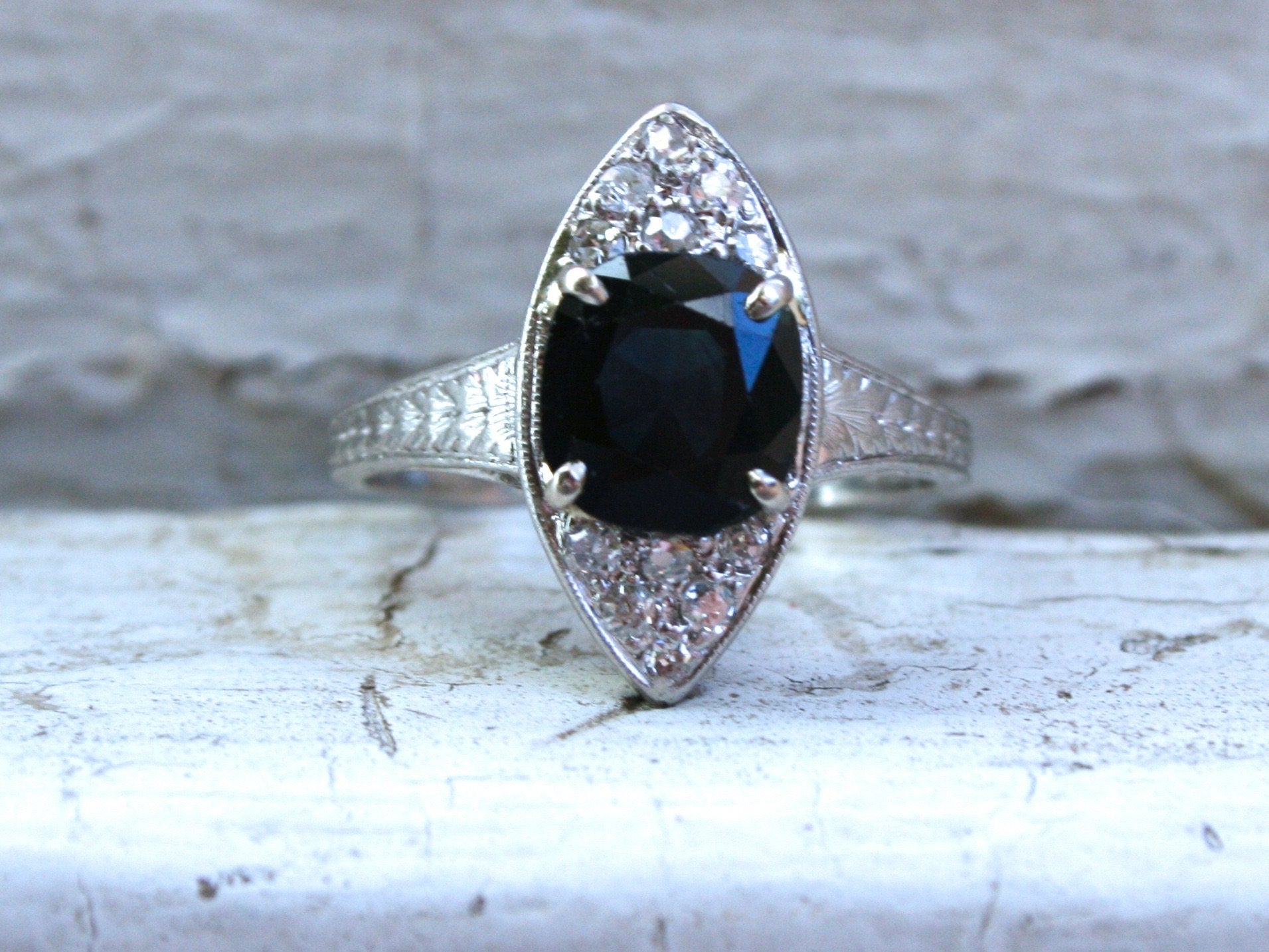 Beautiful Vintage Diamond and Sapphire Navette Platinum Ring.