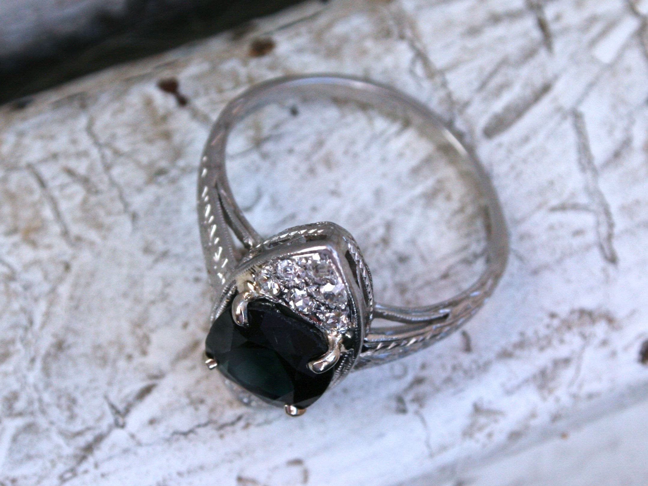 Beautiful Vintage Diamond and Sapphire Navette Platinum Ring.