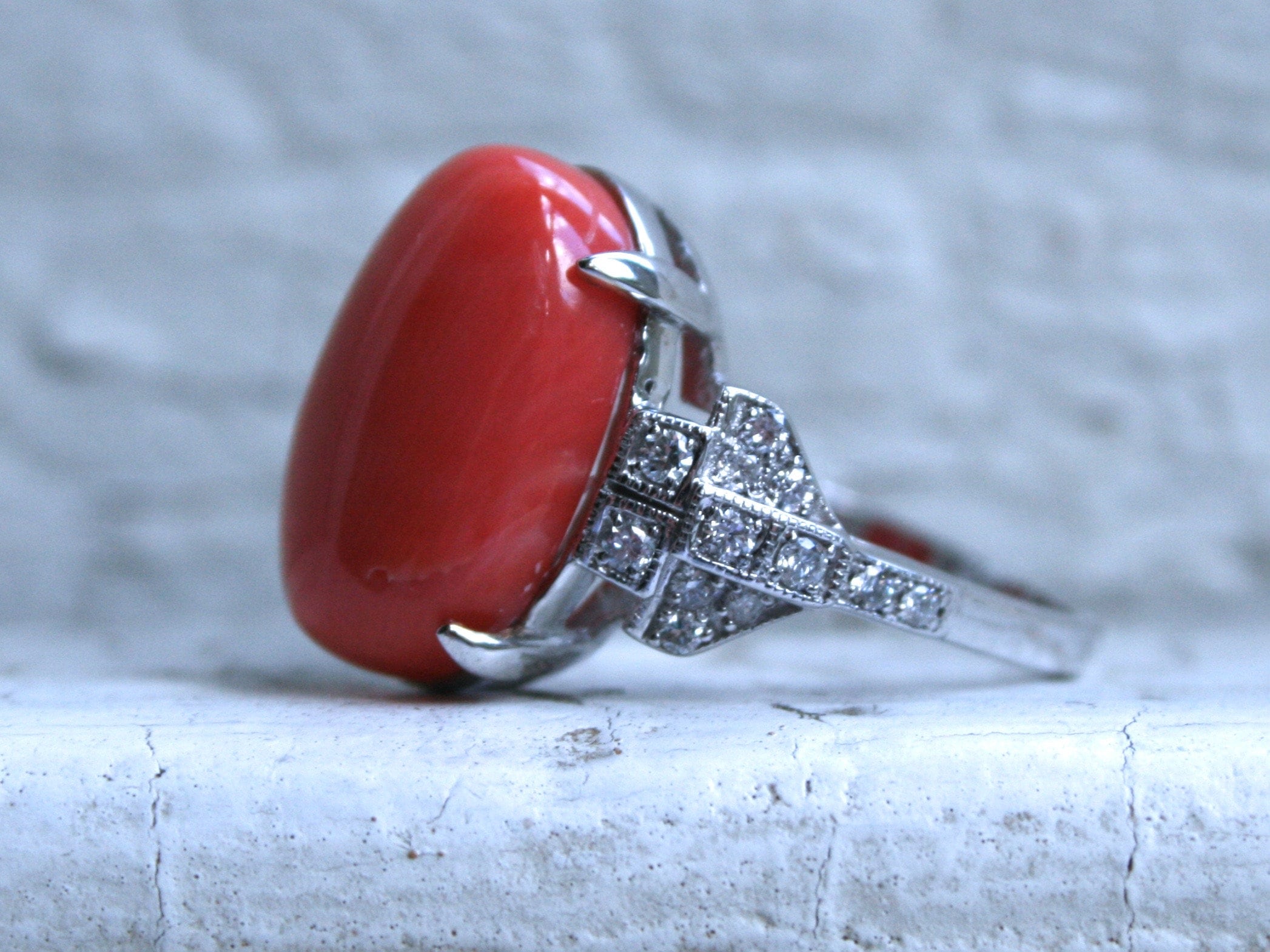 14K White Gold Coral and Diamond Buckle Ring Engagement Ring.