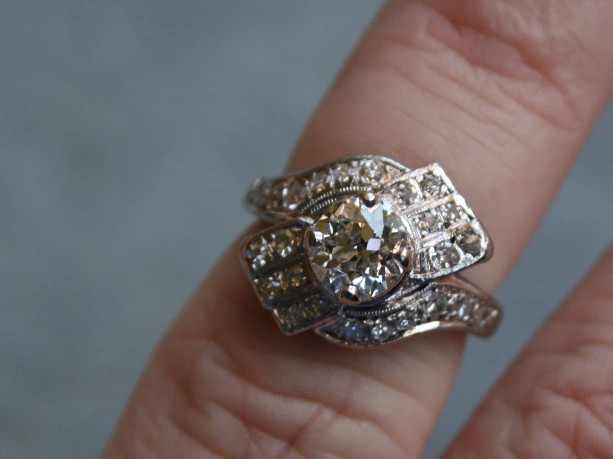 Deco Pave Swirly Vintage Platinum Diamond Engagement Ring - 1.23ct.