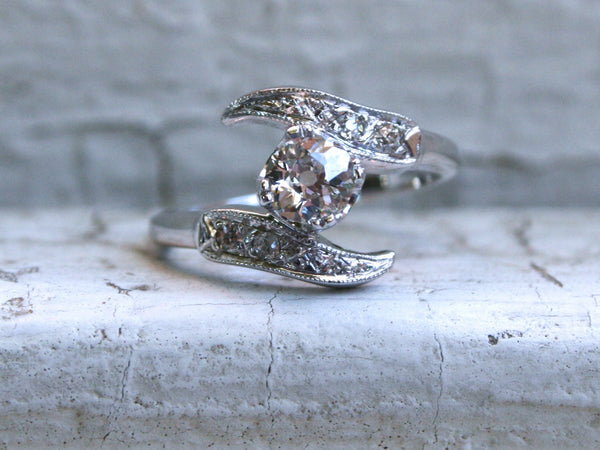 Vintage 14K White Gold Diamond By Pass Old Mine Cut Engagement Ring - 0.58ct