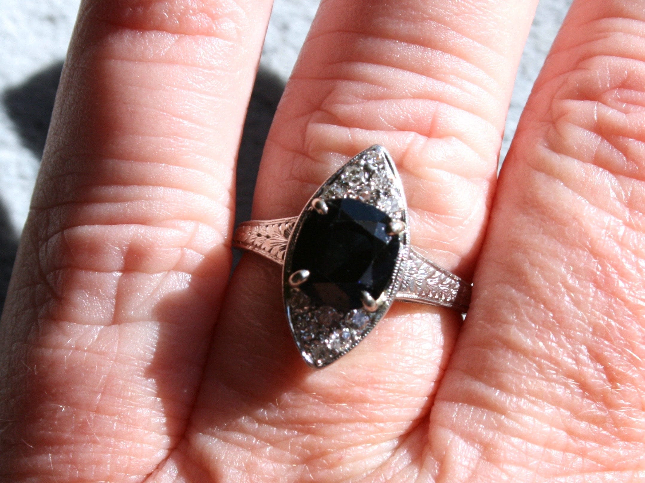 Beautiful Vintage Diamond and Sapphire Navette Platinum Ring.