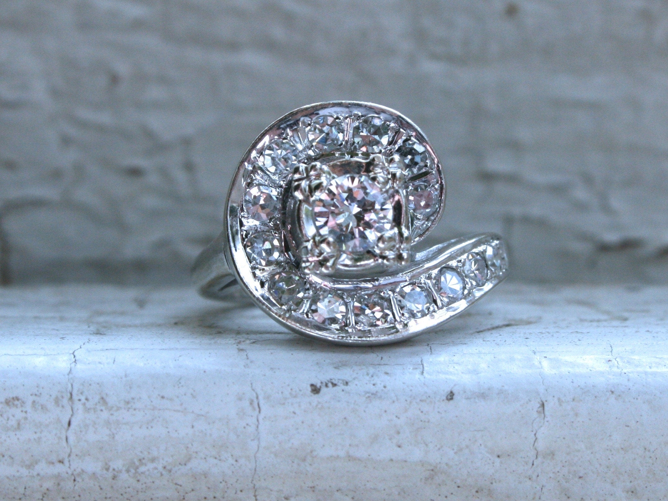 Swirly Vintage 14K White Gold Diamond Engagement Ring -0.75ct.