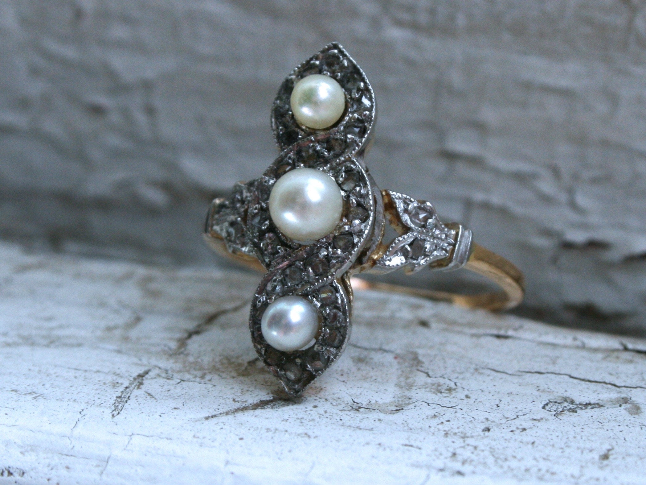 Gorgeous Leafy Antique Pearl and Diamond Ring Engagement Ring in 14K Yellow Gold.
