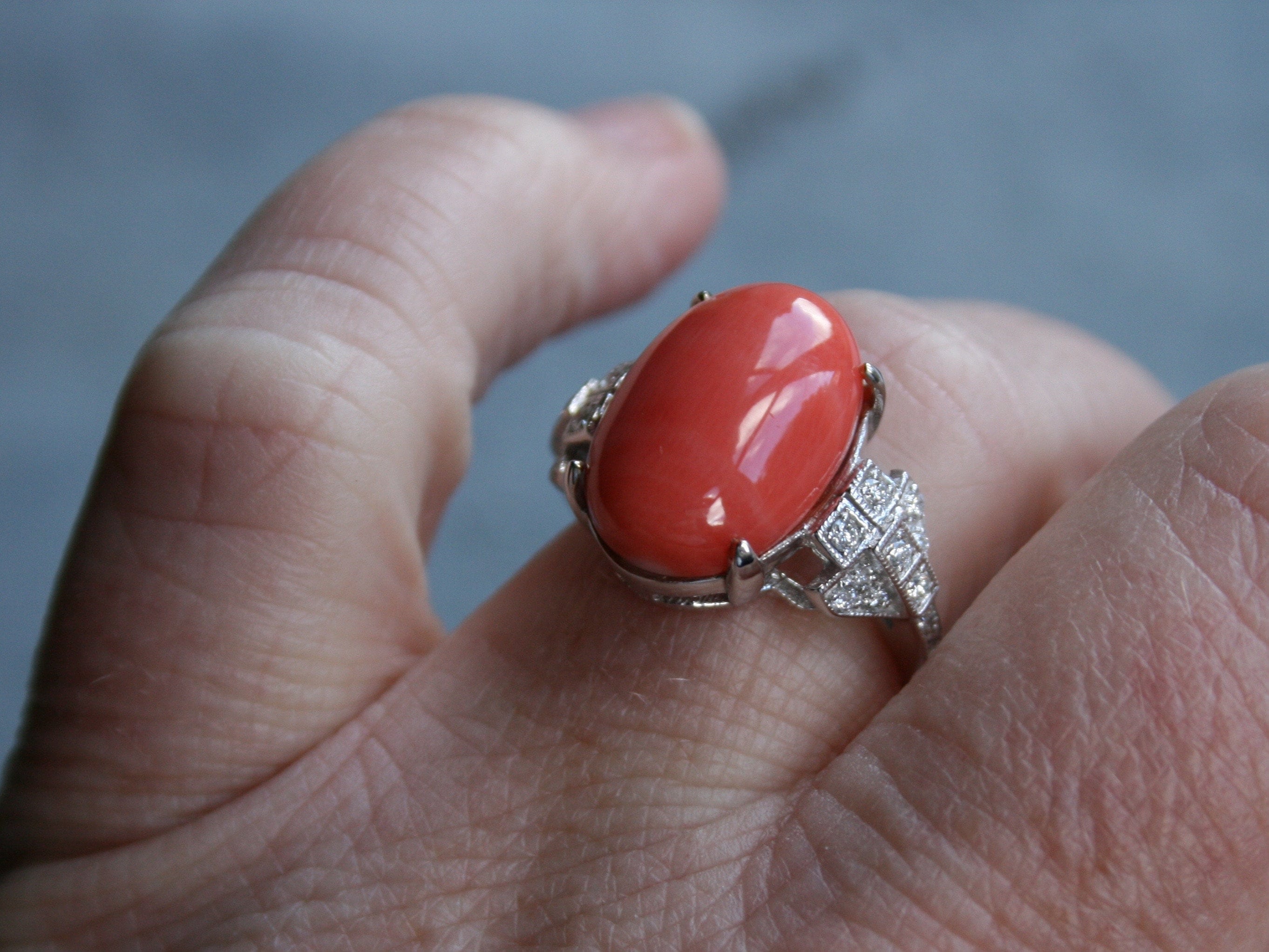 14K White Gold Coral and Diamond Buckle Ring Engagement Ring.