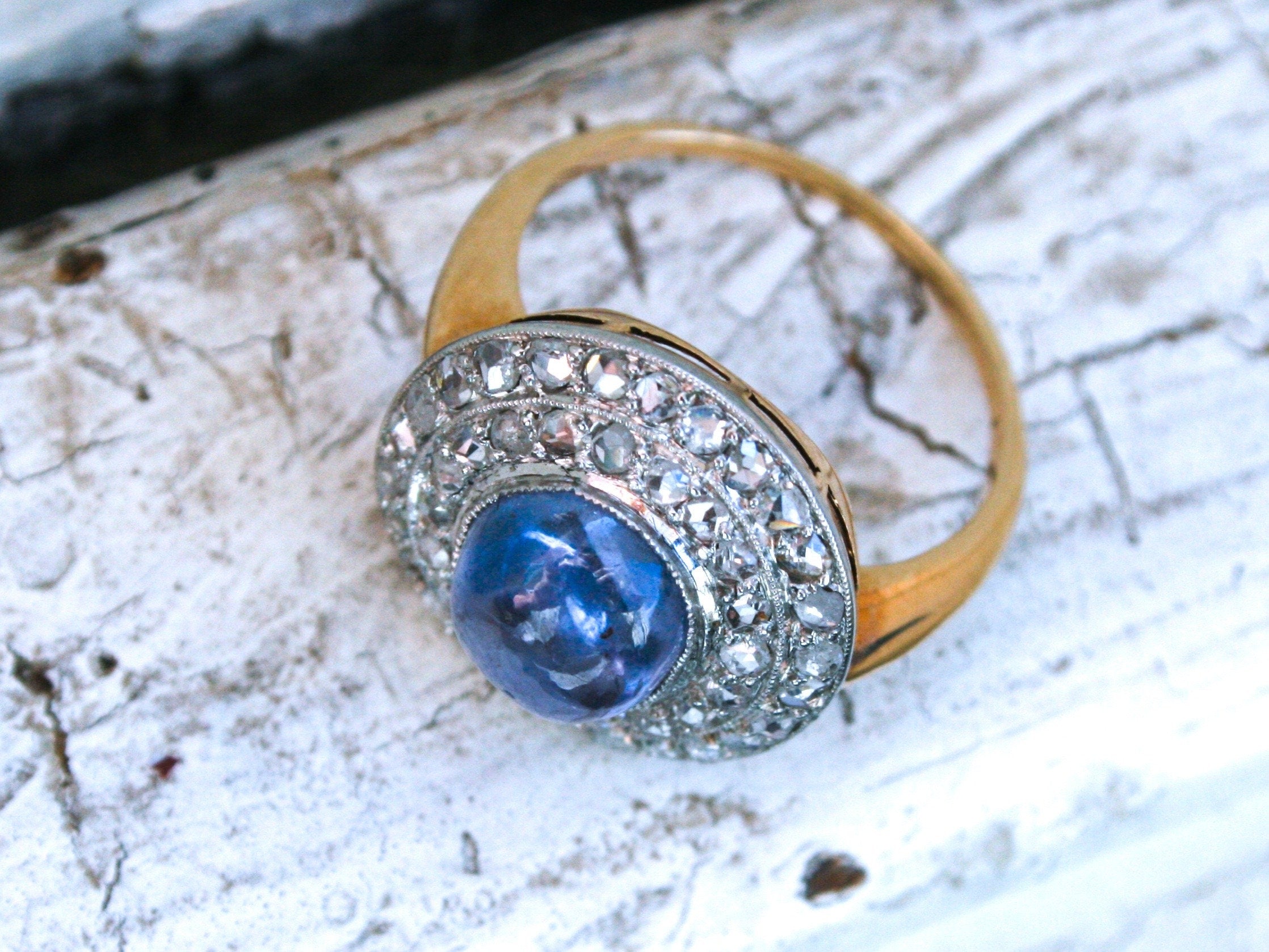 Beautiful Antique 14K Yellow Gold/ Platinum Diamond and Sapphire Cabochon Engagement Ring - 3.69ct.