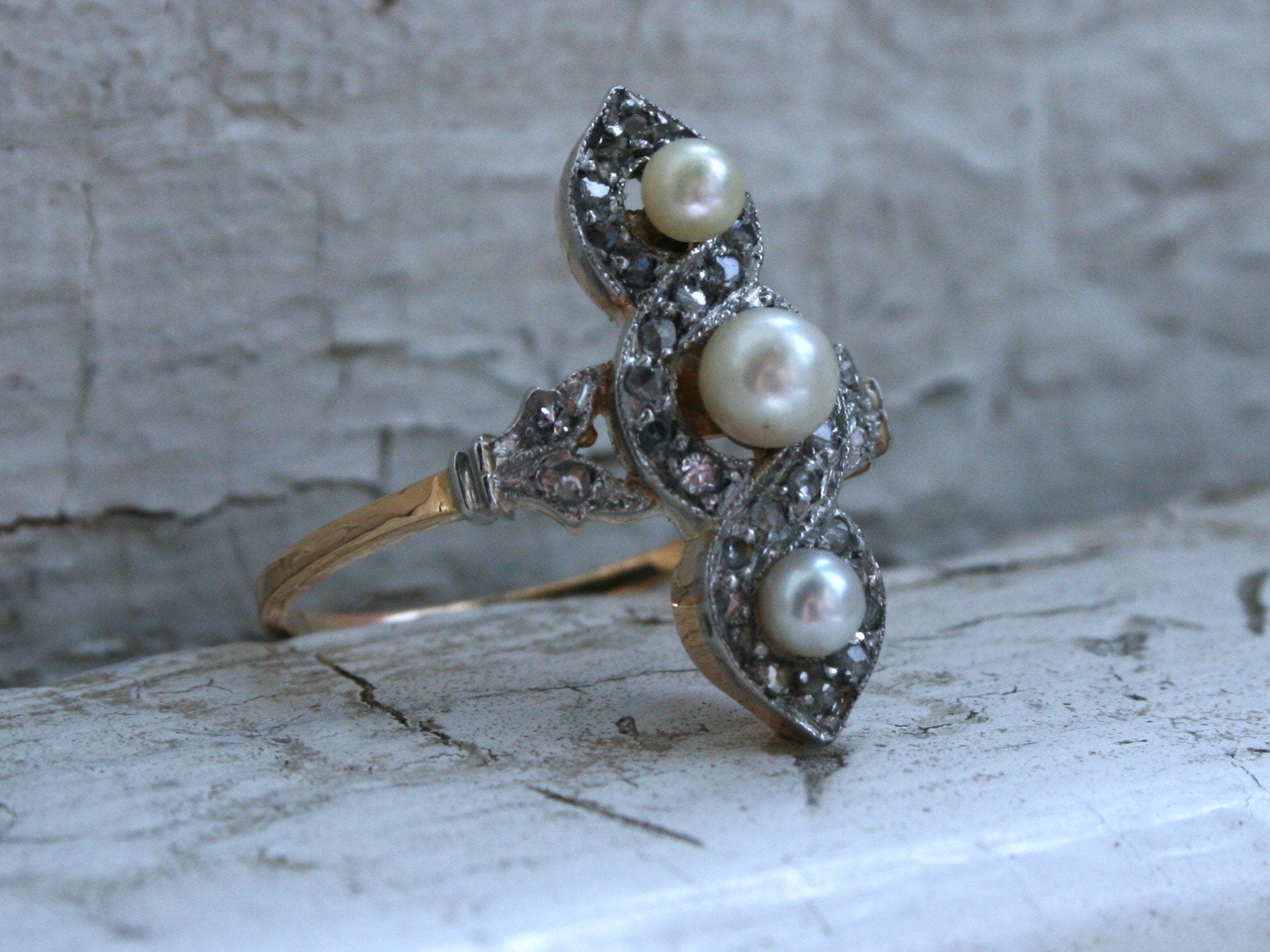 Gorgeous Leafy Antique Pearl and Diamond Ring Engagement Ring in 14K Yellow Gold.